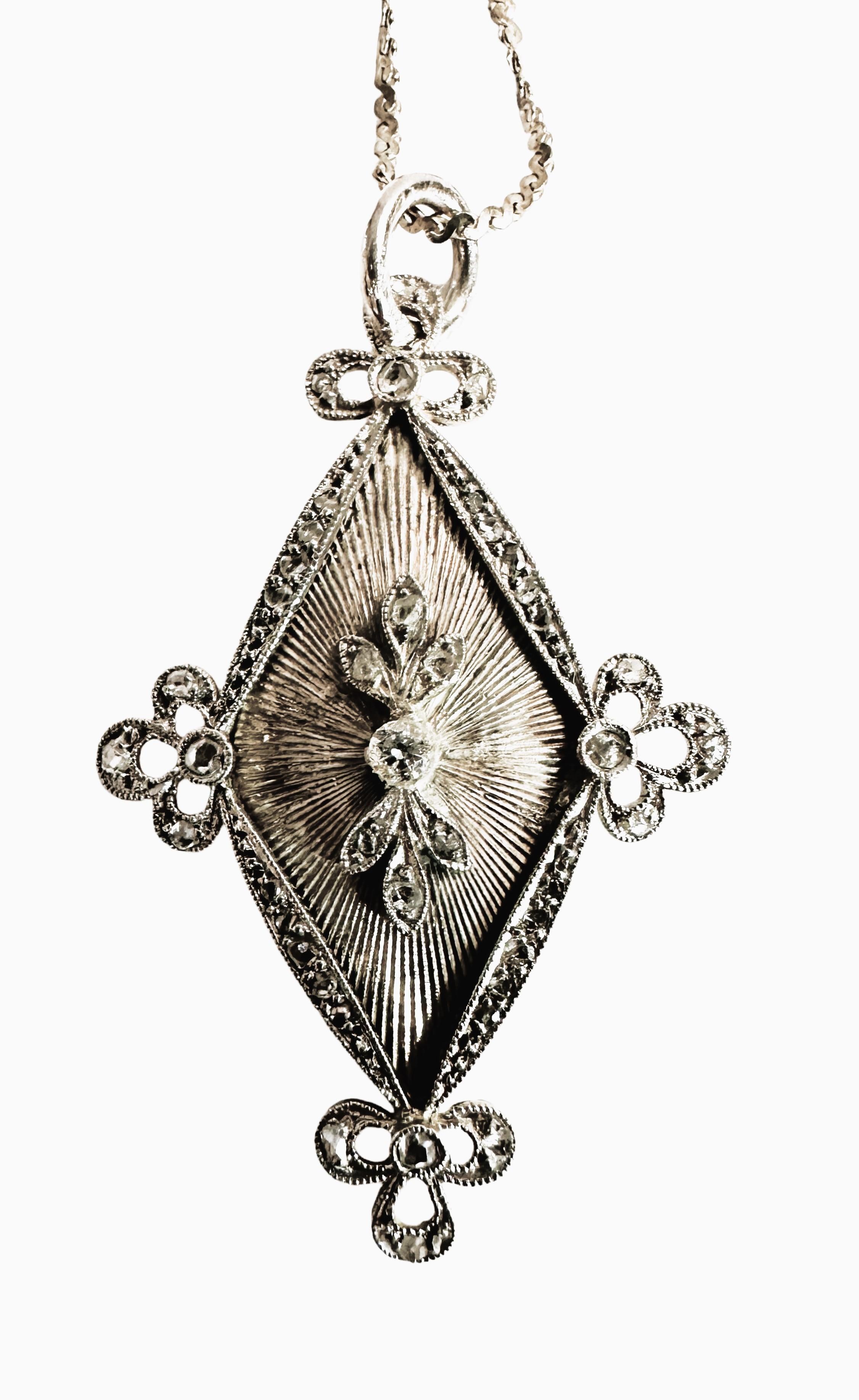 Antique 14k WG Rose Cut & Mine Cut Diamond Pendant w 14k White Gold 18
