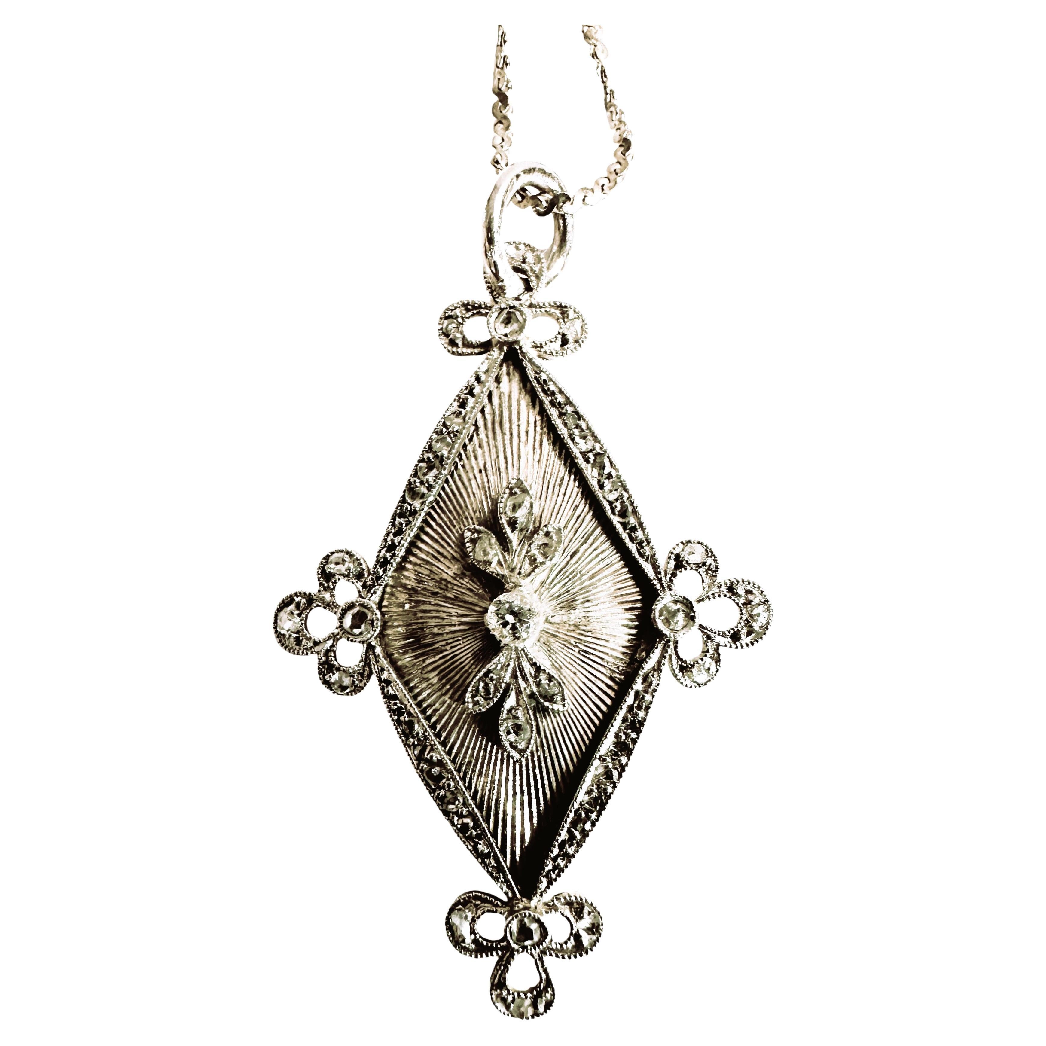Antique 14k WG Rose Cut & Mine Cut Diamond Pendant w 14k White Gold 18" Chain  For Sale