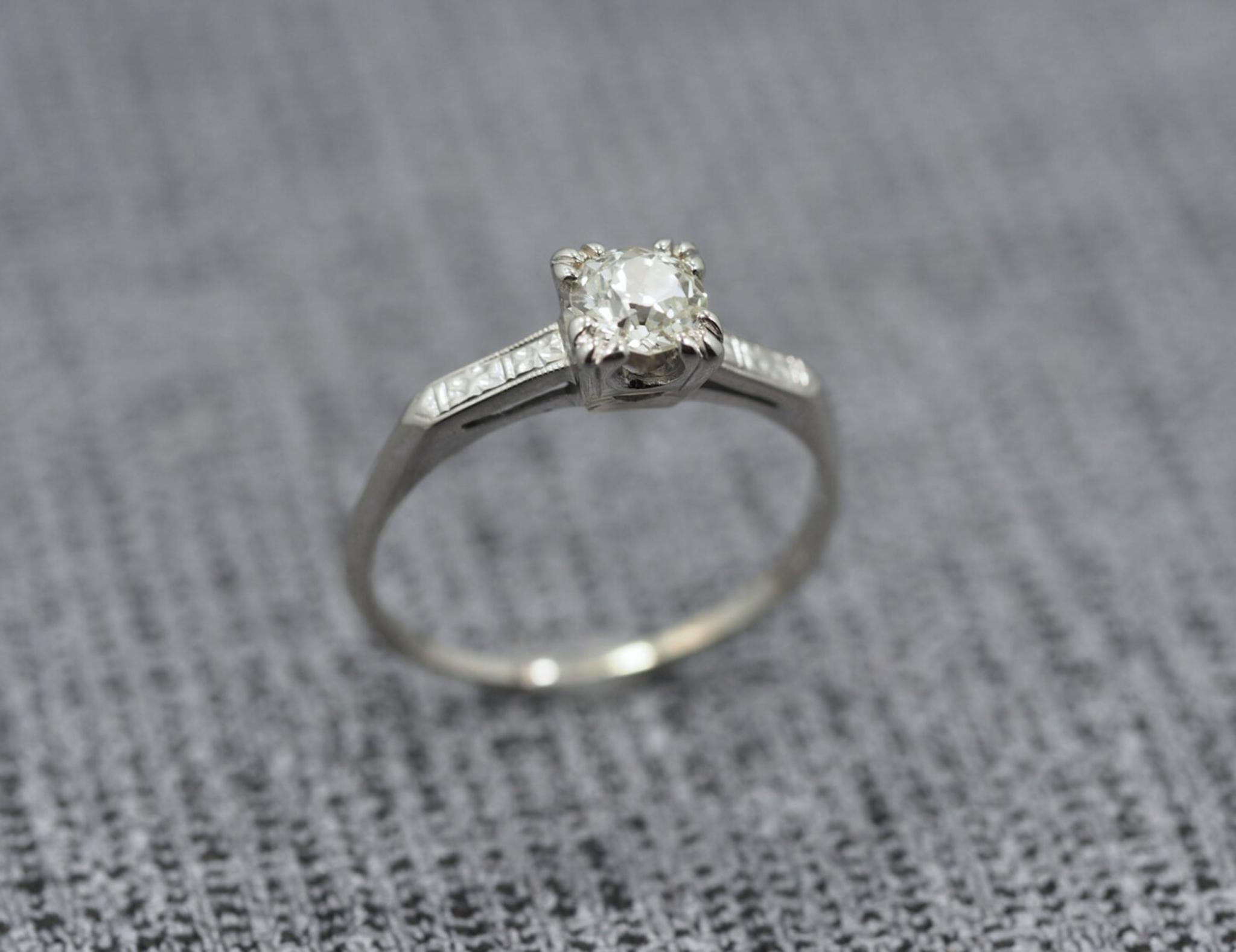 Old European Cut Antique 14K White Gold Engagement Ring w/ .60ct Old European Brilliant Diamond For Sale
