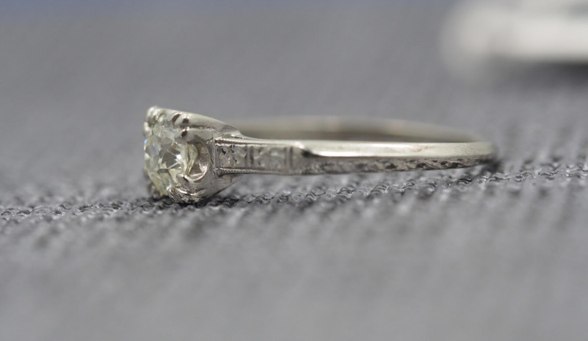 Antique 14K White Gold Engagement Ring w/ .60ct Old European Brilliant Diamond In Good Condition For Sale In Hicksville, NY