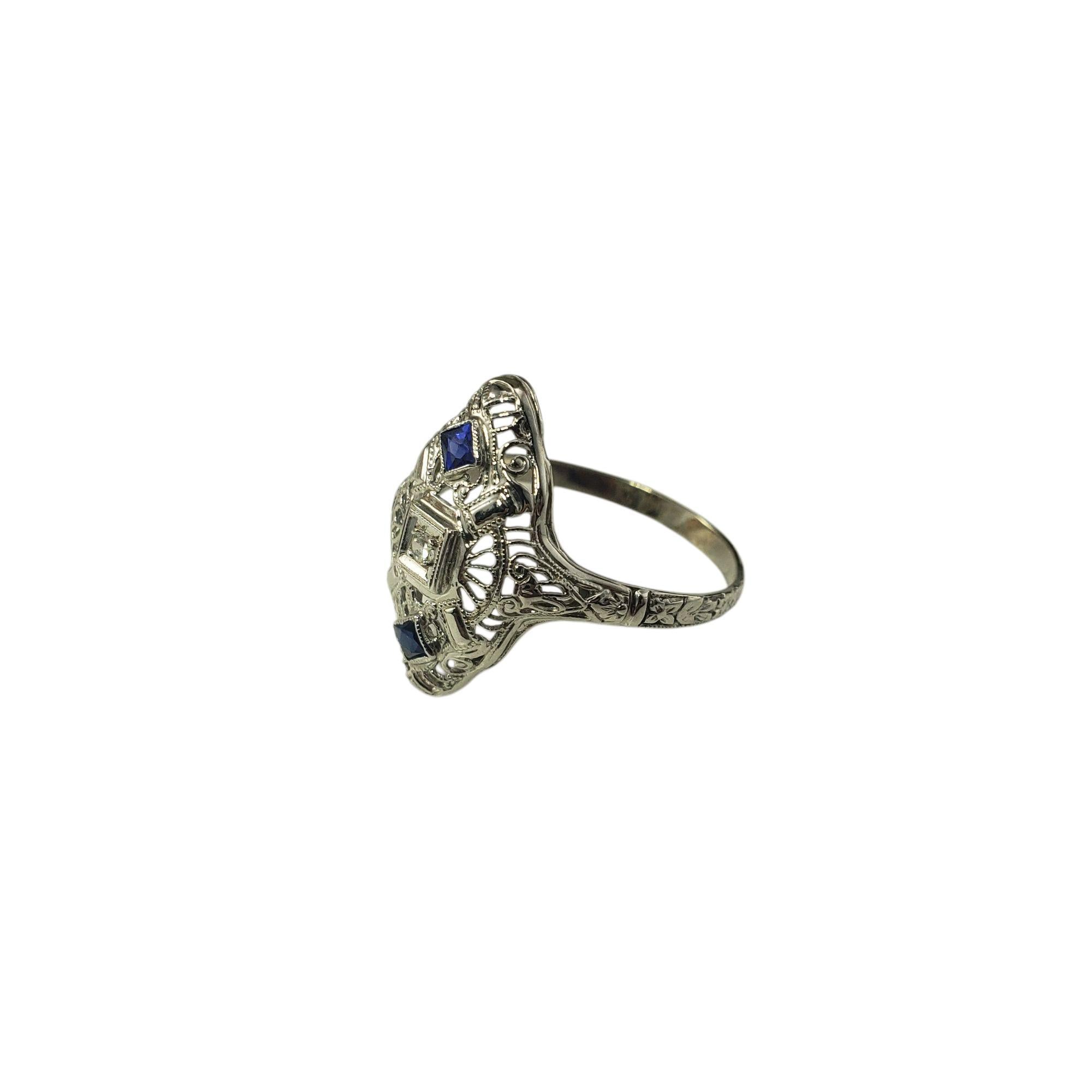 Single Cut Antique 14K White Gold Filigree Diamond and Blue Stone Ring Size 8.75 #21388 For Sale