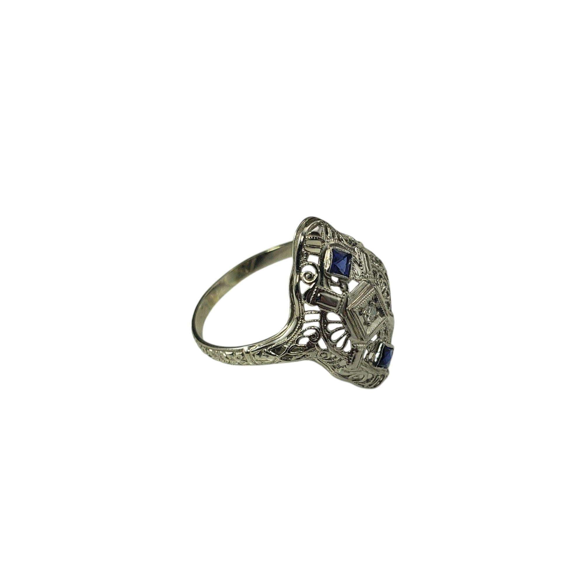 Antique 14K White Gold Filigree Diamond and Blue Stone Ring Size 8.75 #21388 In Good Condition For Sale In Washington Depot, CT