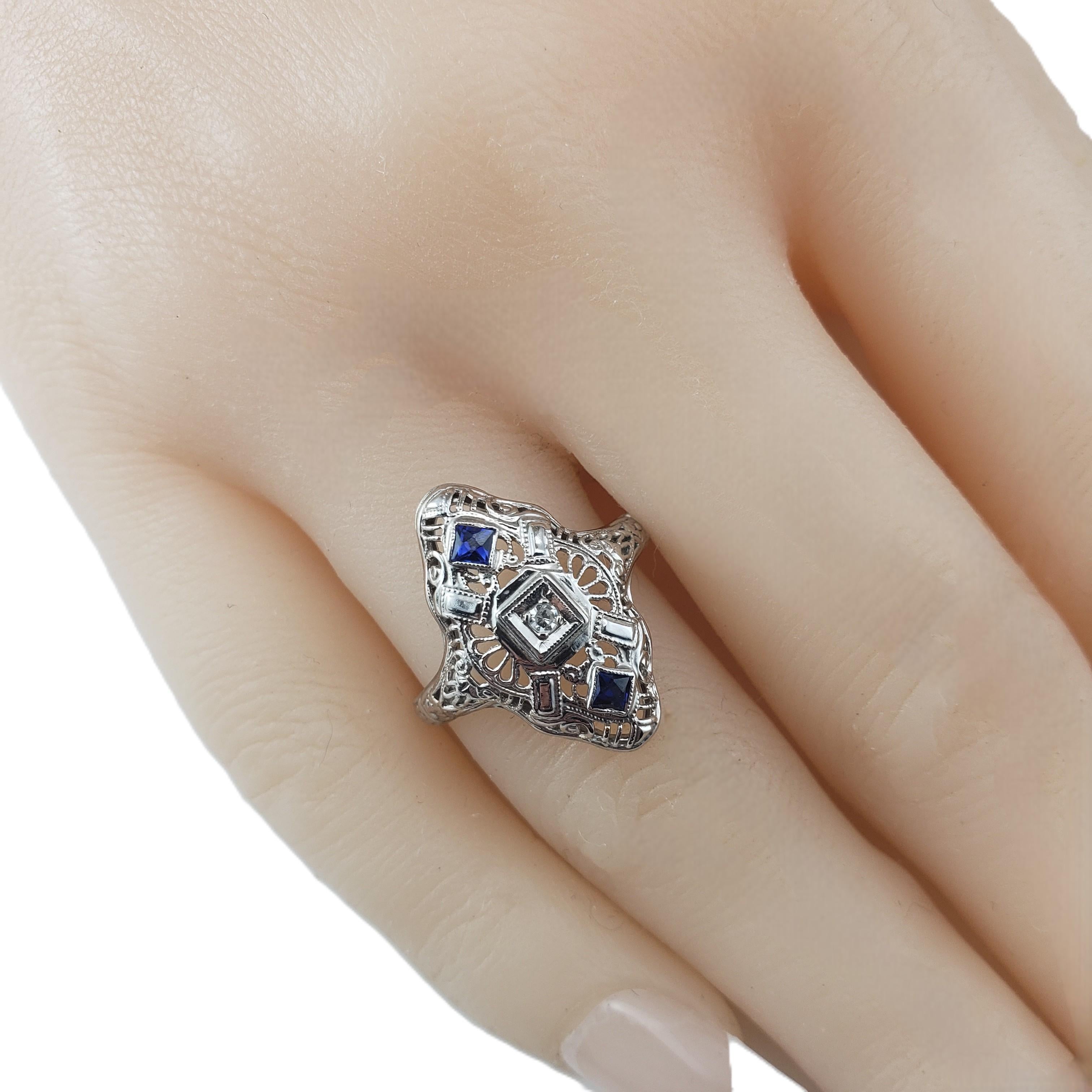 Antique 14K White Gold Filigree Diamond and Blue Stone Ring Size 8.75 #21388 For Sale 3