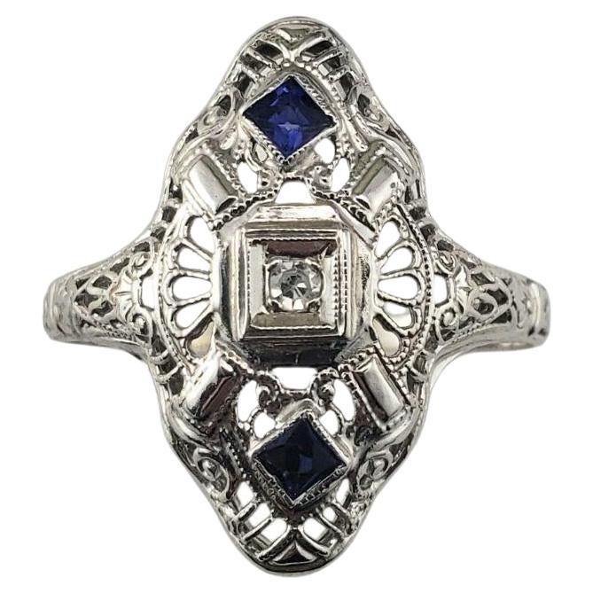 Antique 14K White Gold Filigree Diamond and Blue Stone Ring Size 8.75 #21388
