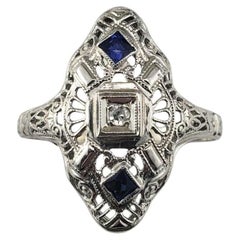 Antique 14K White Gold Filigree Diamond and Blue Stone Ring Size 8.75 #21388