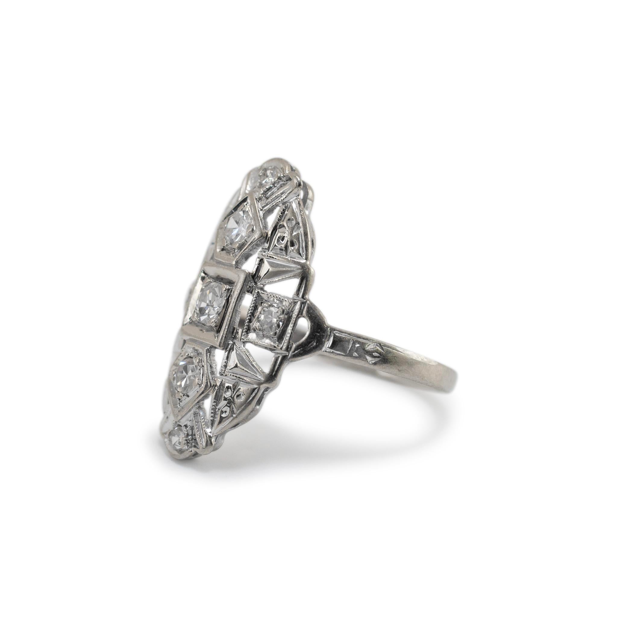 Antique 14K White Gold Filigreed Single Cut Diamond Cocktail Ring In Excellent Condition In Houston, TX