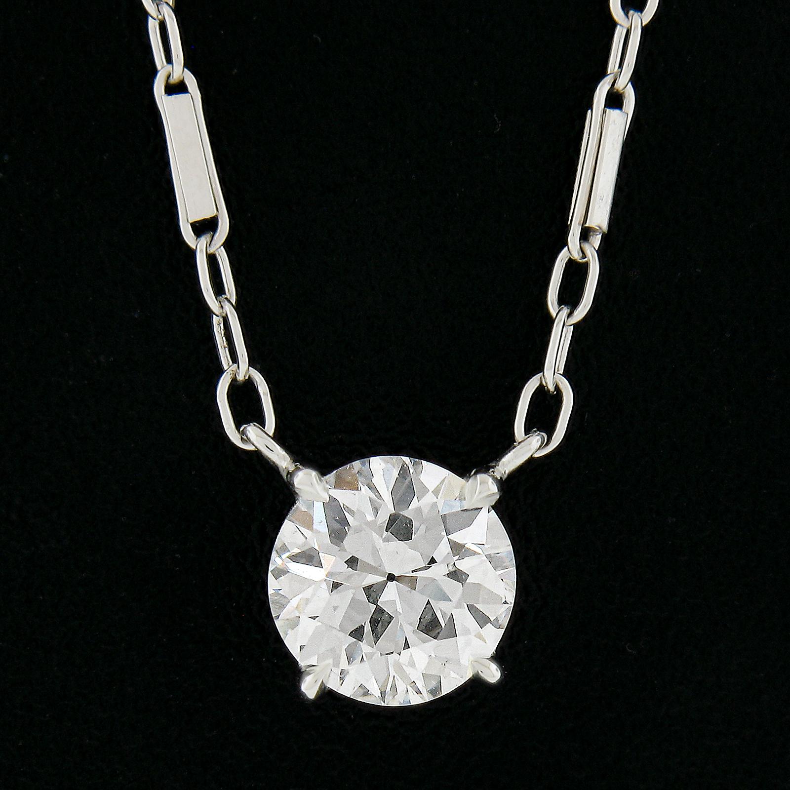 Round Cut Antique 14k White Gold Gia 0.94ct Old Cut Diamond Solitaire Pendant Necklace