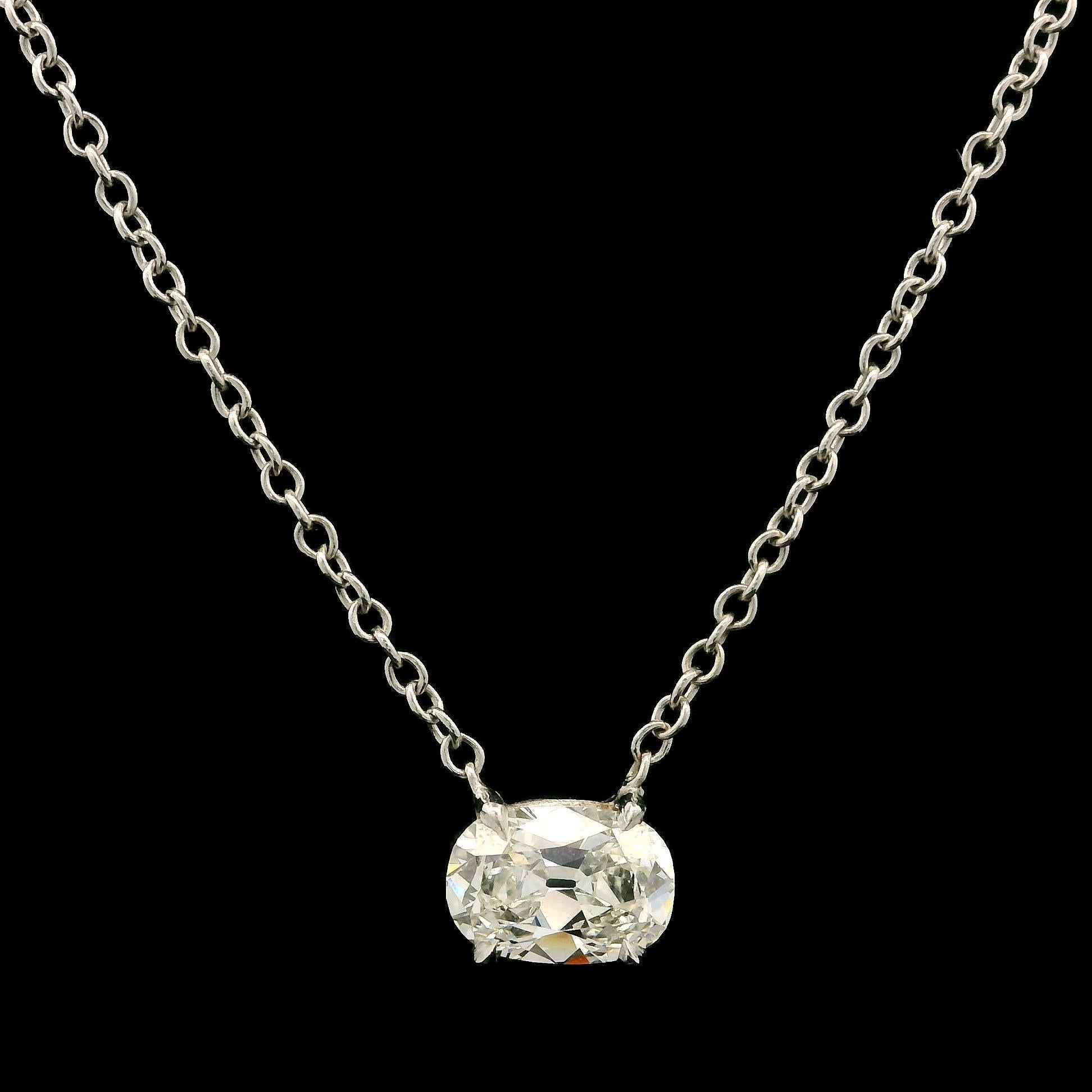 Antique 14k White Gold GIA 1.35ct Old Mine Cut Diamond Solitaire Chain Necklace 6