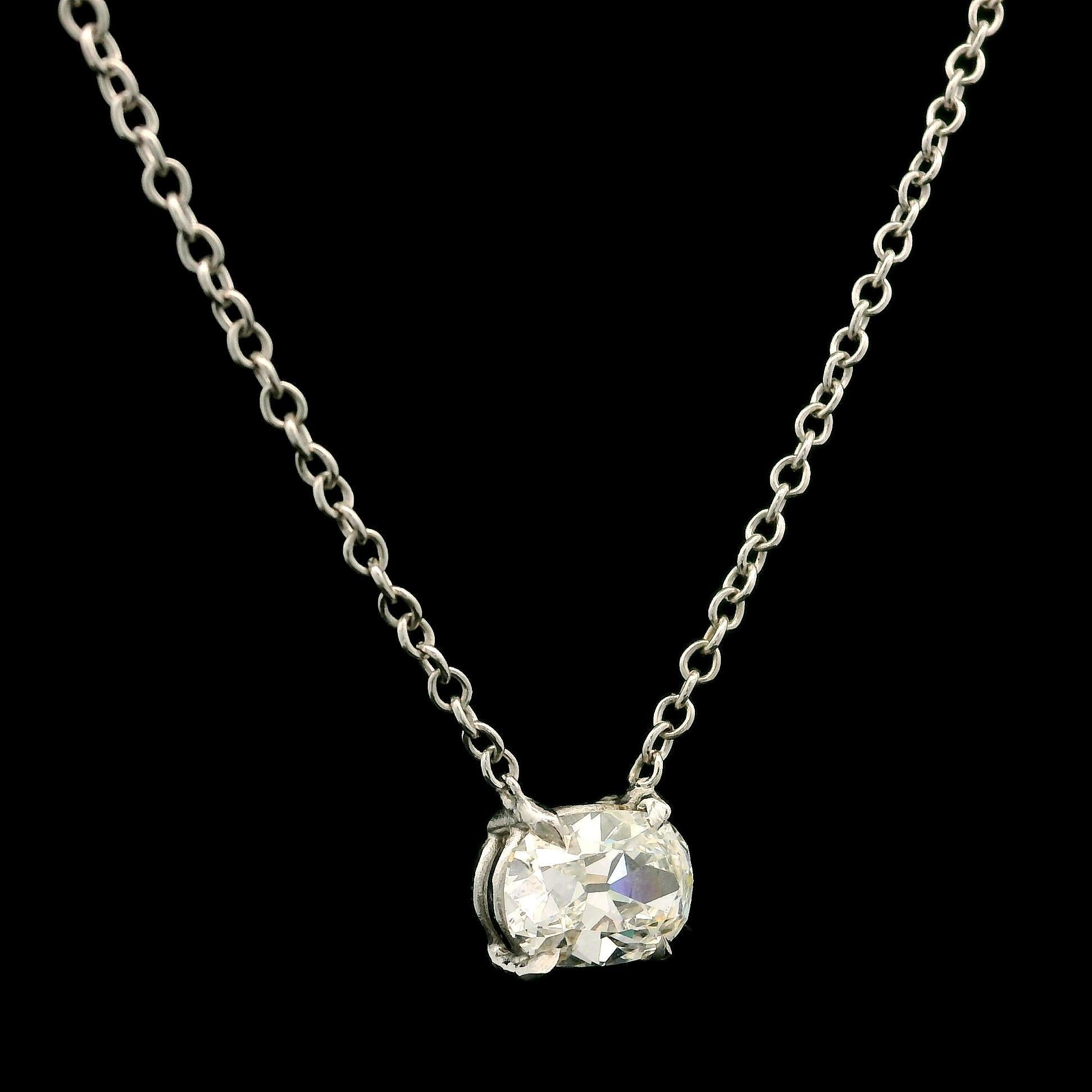 Antique 14k White Gold GIA 1.35ct Old Mine Cut Diamond Solitaire Chain Necklace 7