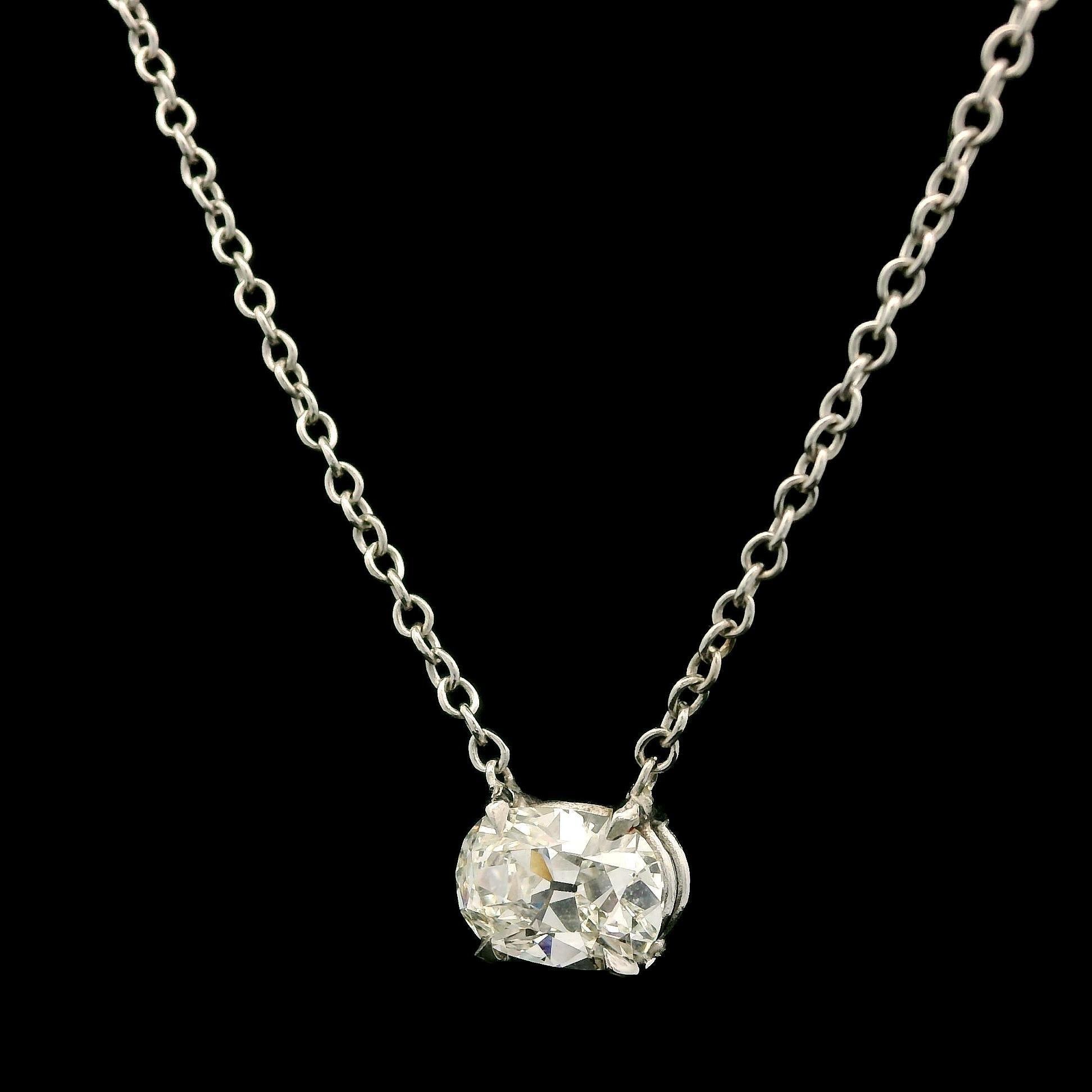 Women's Antique 14k White Gold GIA 1.35ct Old Mine Cut Diamond Solitaire Chain Necklace