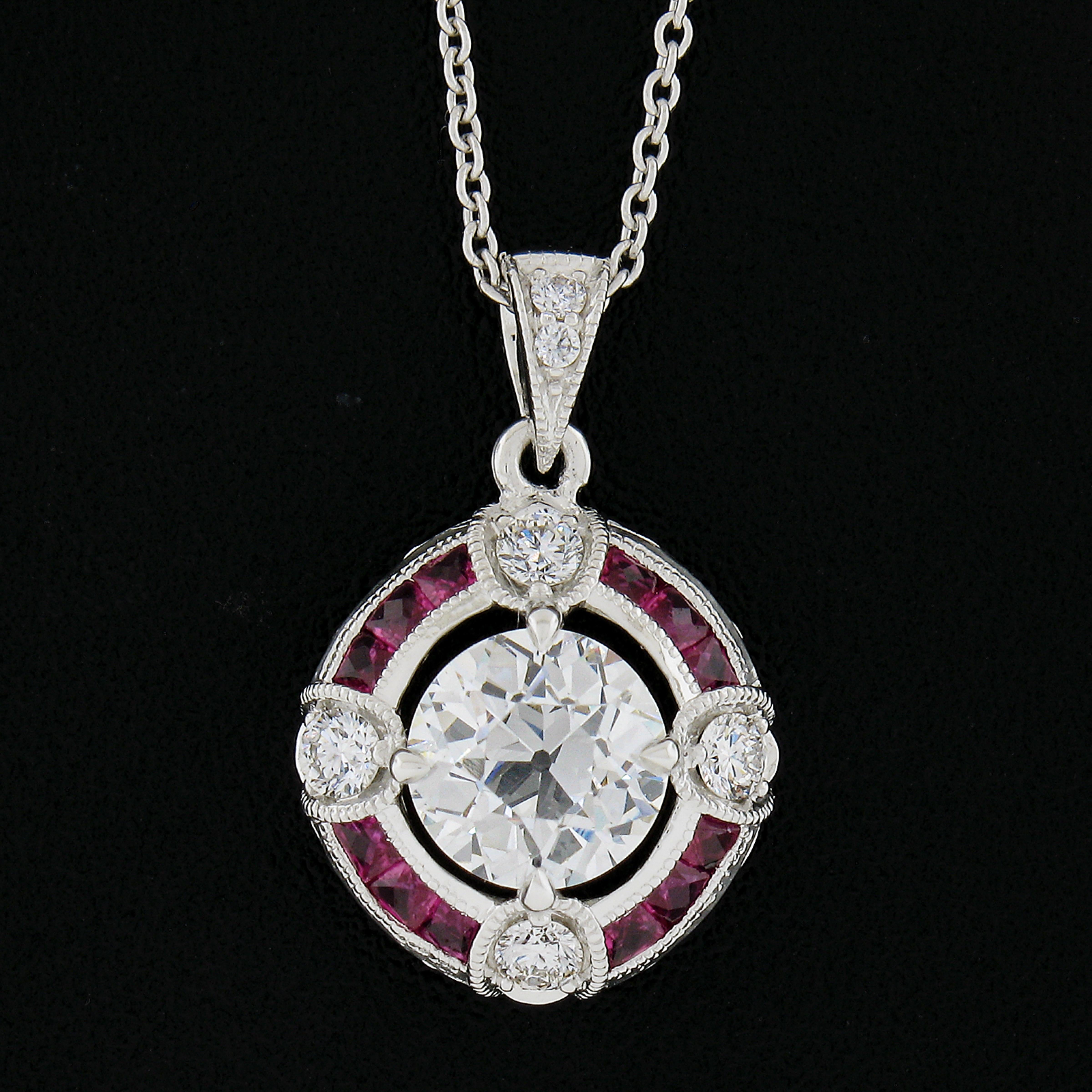 French Cut Antique 14k White Gold Gia Old Diamond W/ Ruby Target Pendant on New 18