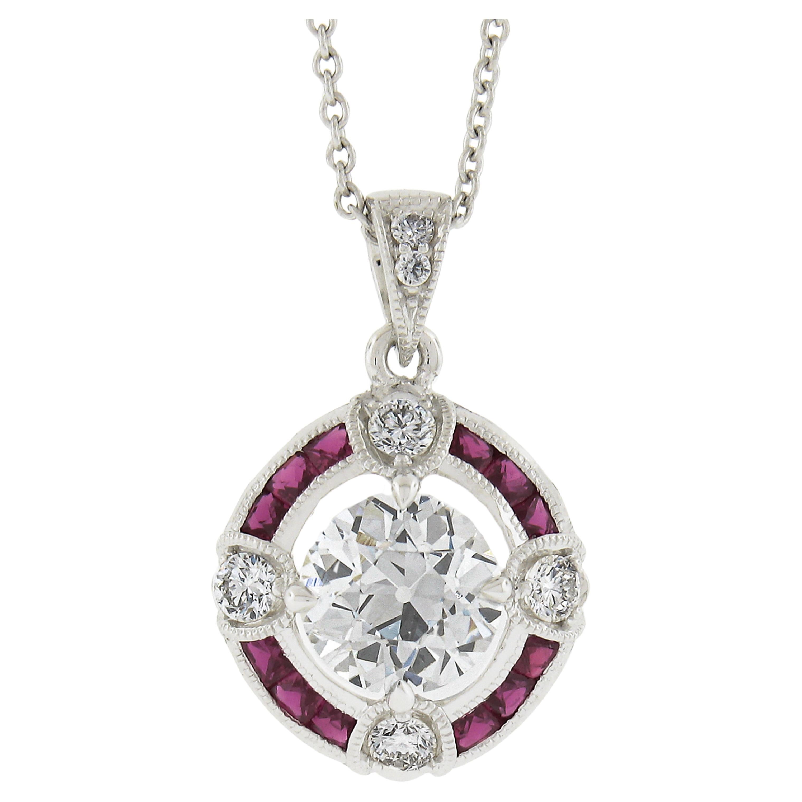 Antique 14k White Gold Gia Old Diamond W/ Ruby Target Pendant on New 18" Chain For Sale