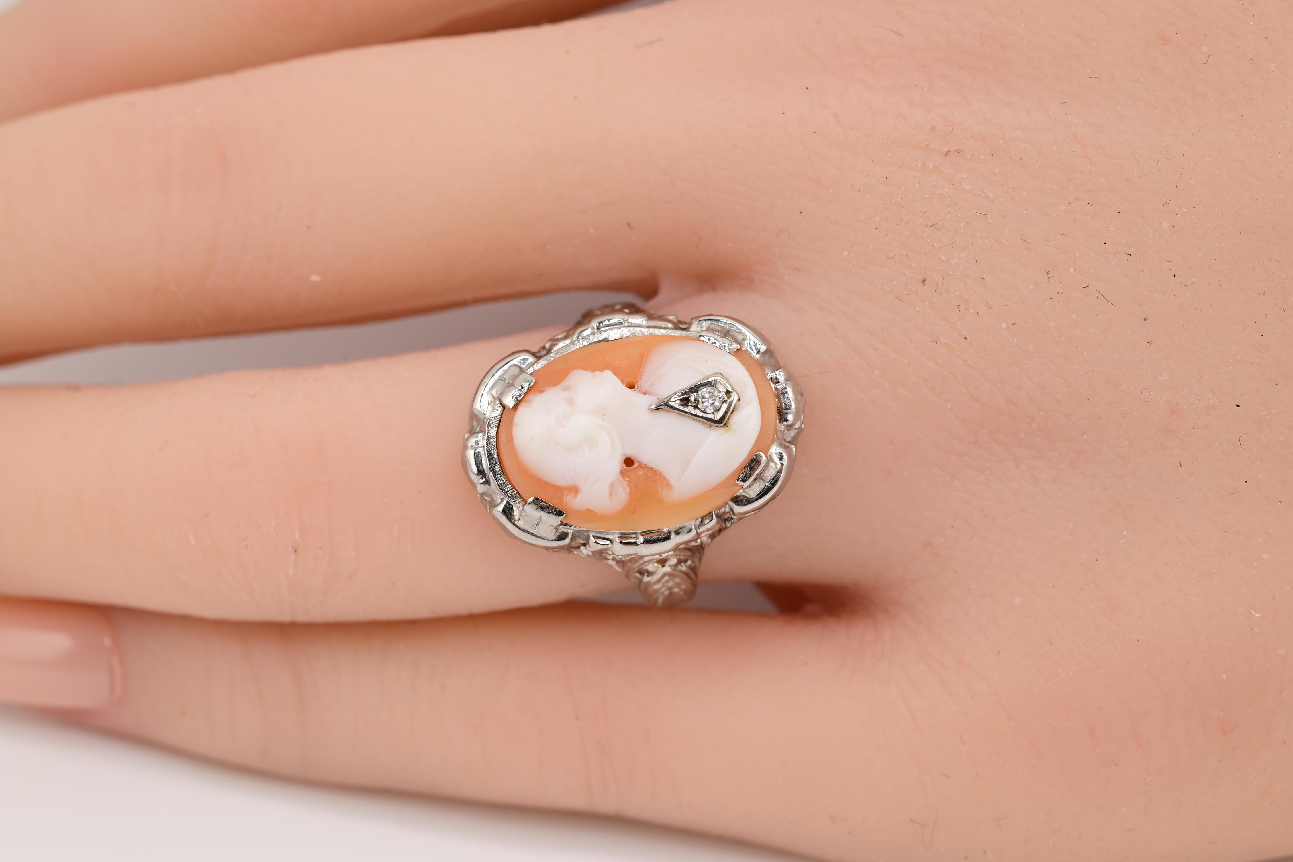 Anillo Antiguo de Oro Blanco de 14K Habille Diamante Dama Camao Ornamentado Filigrana 7.25 4