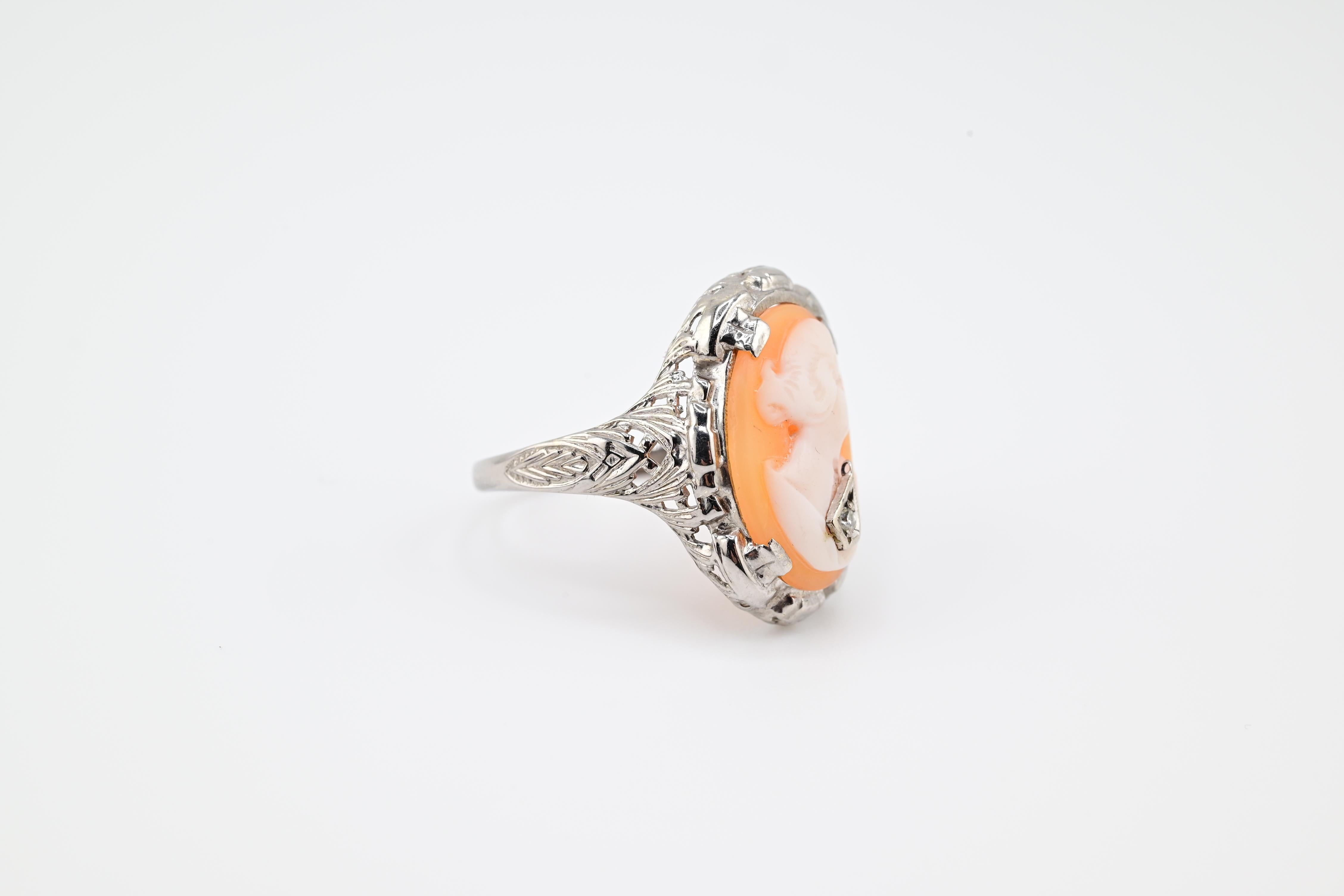 Anillo Antiguo de Oro Blanco de 14K Habille Diamante Dama Camao Ornamentado Filigrana 7.25 en Bueno Estado en Media, PA