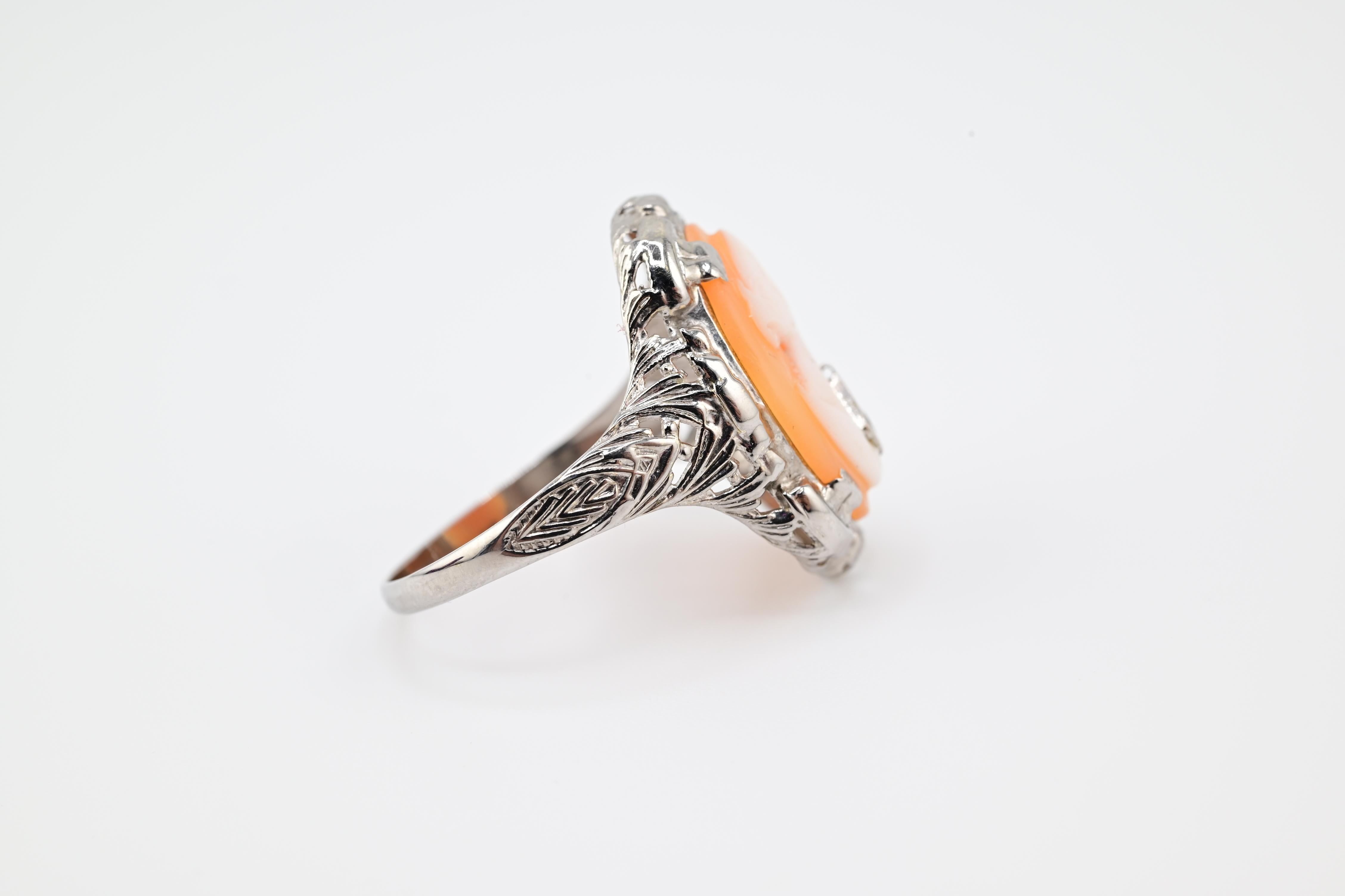 Femenino o masculino Anillo Antiguo de Oro Blanco de 14K Habille Diamante Dama Camao Ornamentado Filigrana 7.25
