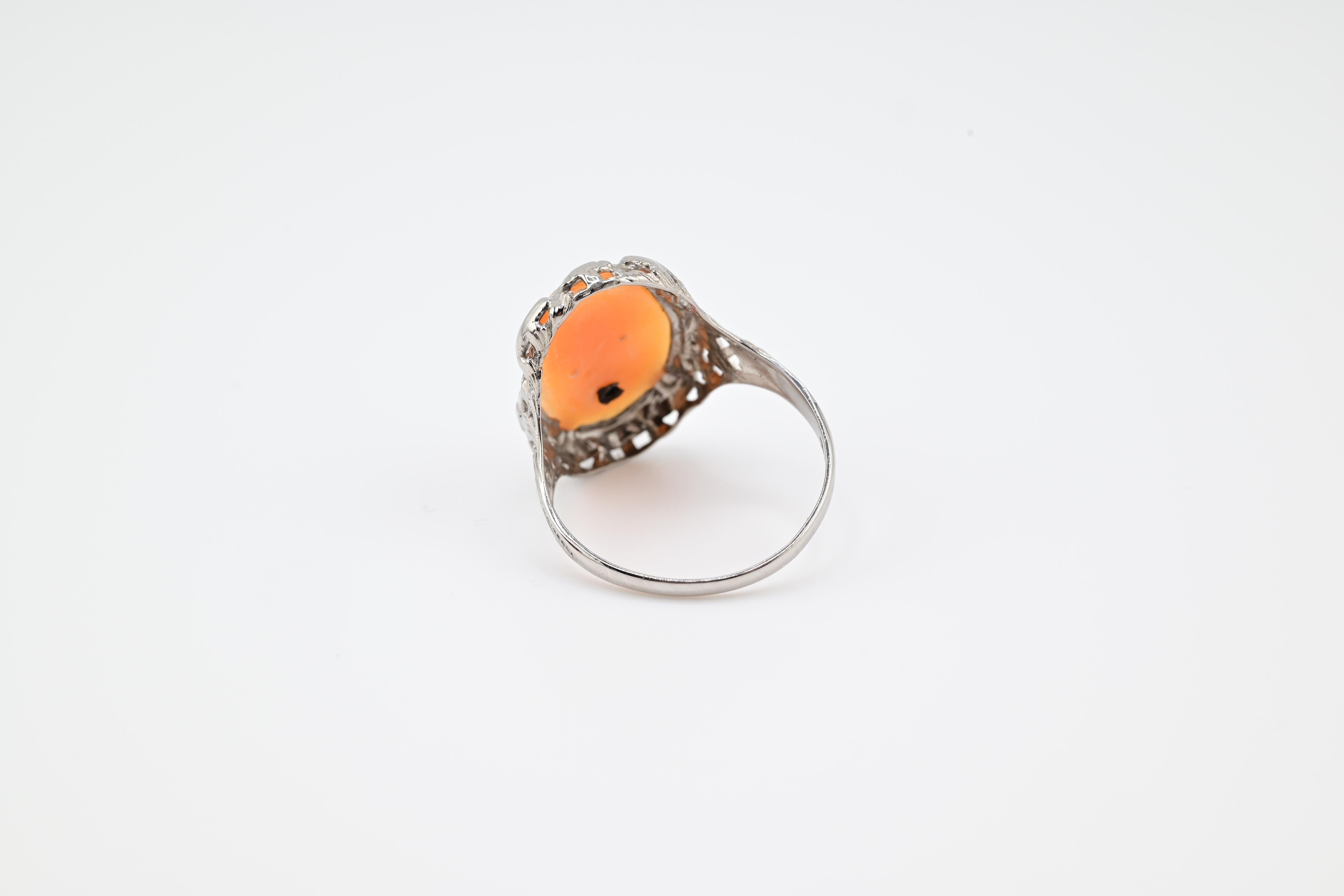Anillo Antiguo de Oro Blanco de 14K Habille Diamante Dama Camao Ornamentado Filigrana 7.25 1