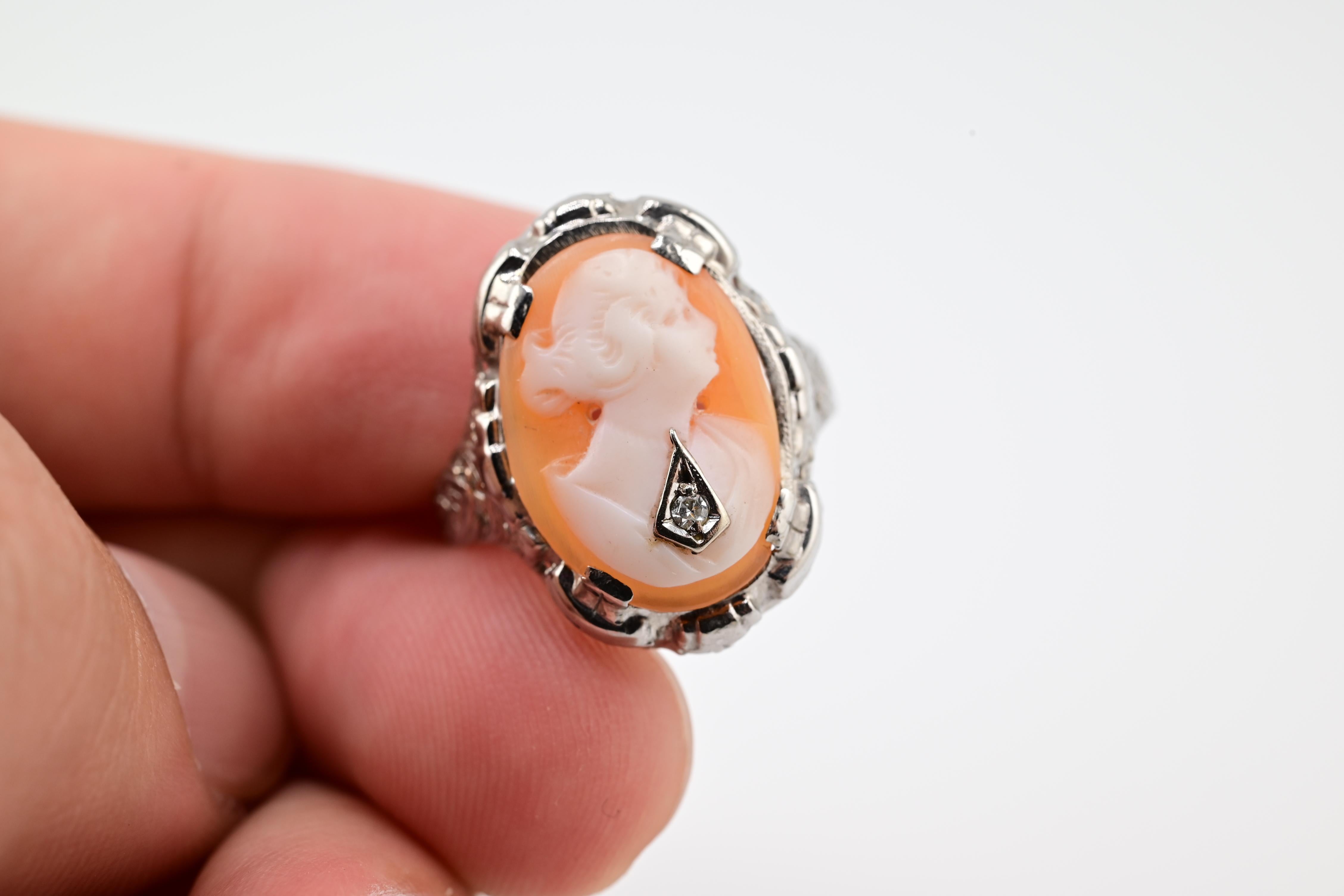 Anillo Antiguo de Oro Blanco de 14K Habille Diamante Dama Camao Ornamentado Filigrana 7.25 2