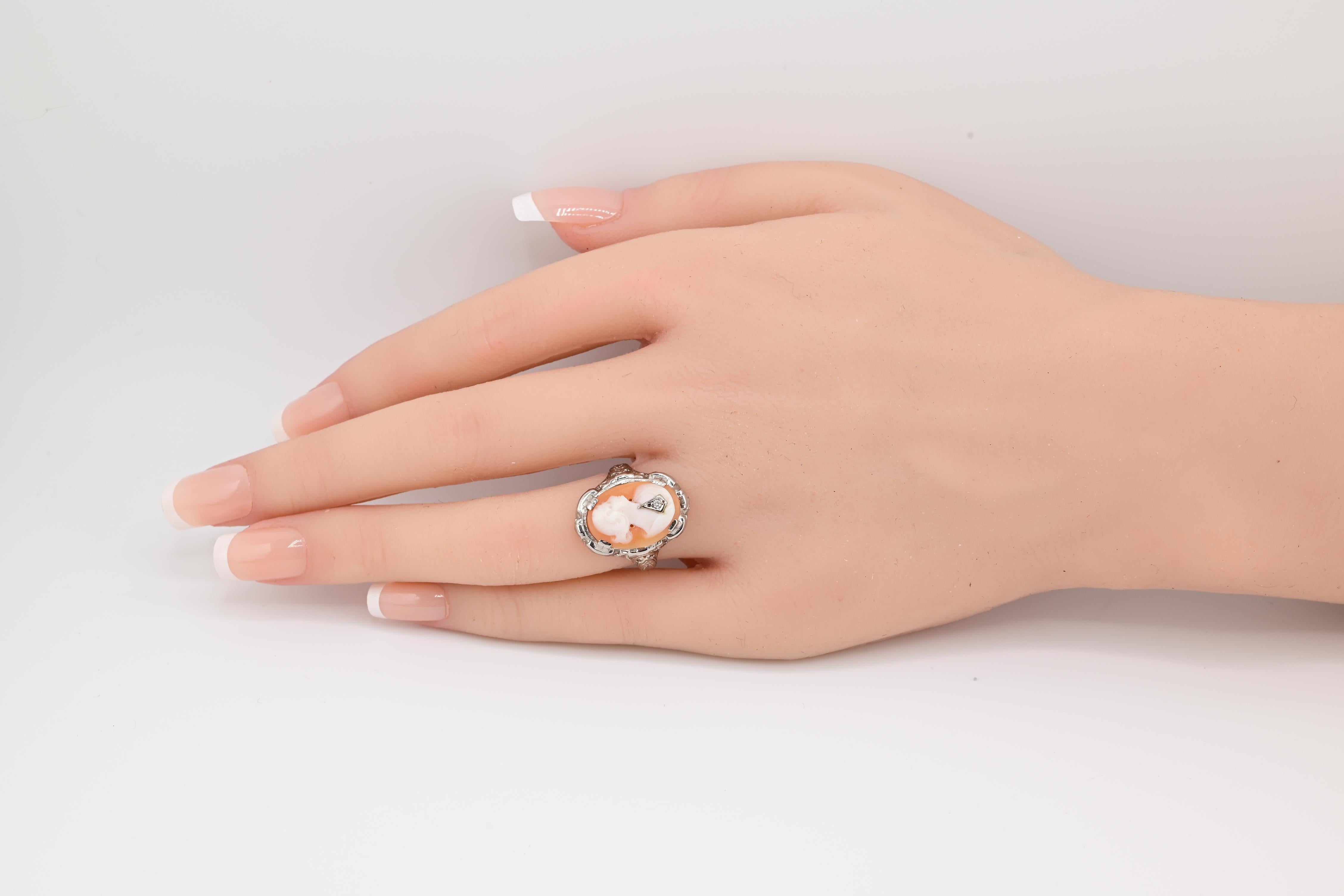 Anillo Antiguo de Oro Blanco de 14K Habille Diamante Dama Camao Ornamentado Filigrana 7.25 3