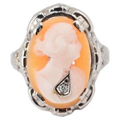 Anillo Antiguo de Oro Blanco de 14K Habille Diamante Dama Camao Ornamentado Filigrana 7.25