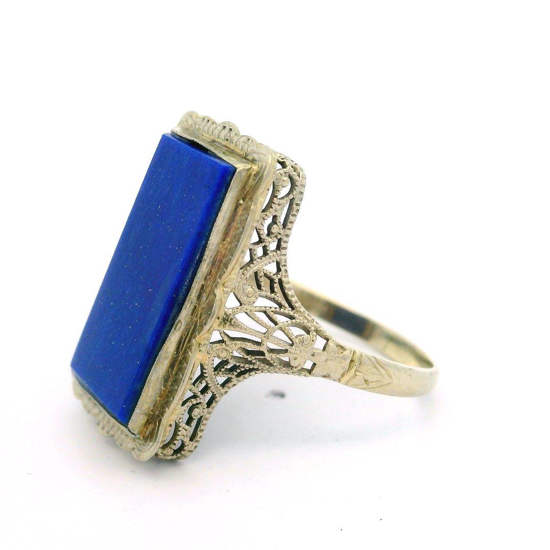 Antique 14k White Gold Large Rectangular Lapis Engraved & Filigree Cocktail Ring For Sale 6