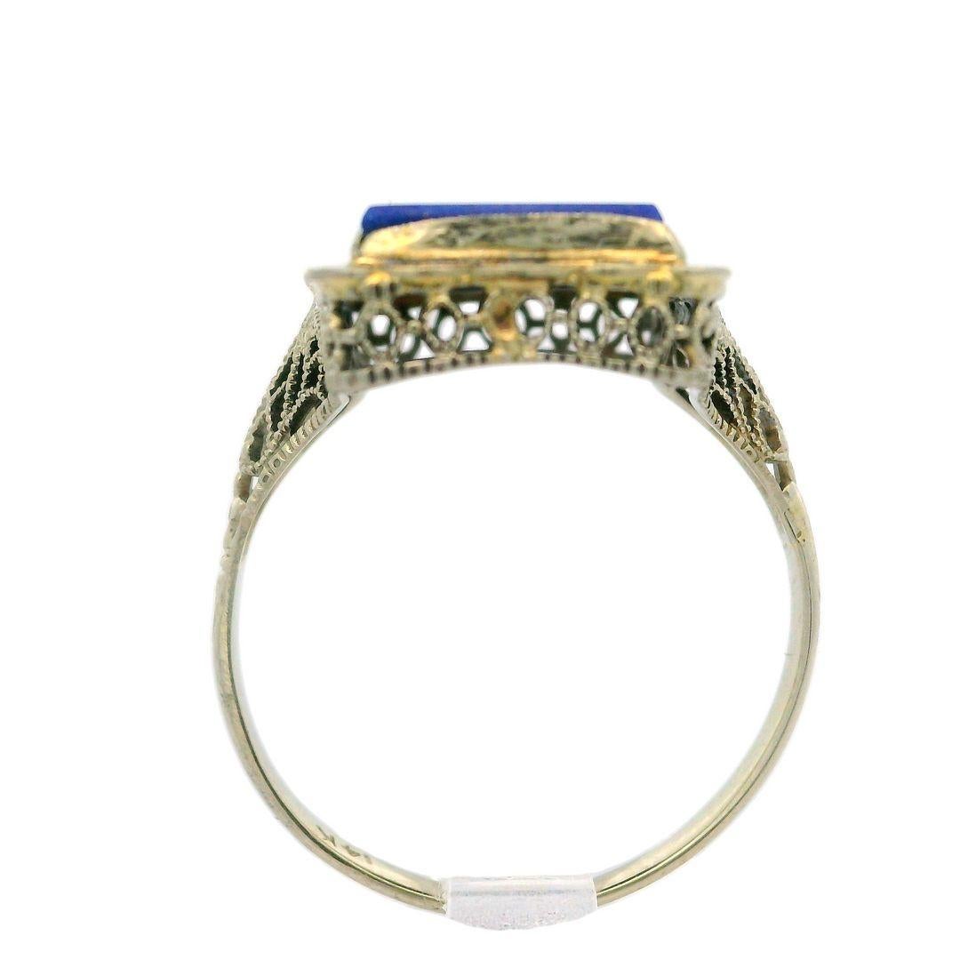 Antique 14k White Gold Large Rectangular Lapis Engraved & Filigree Cocktail Ring For Sale 7