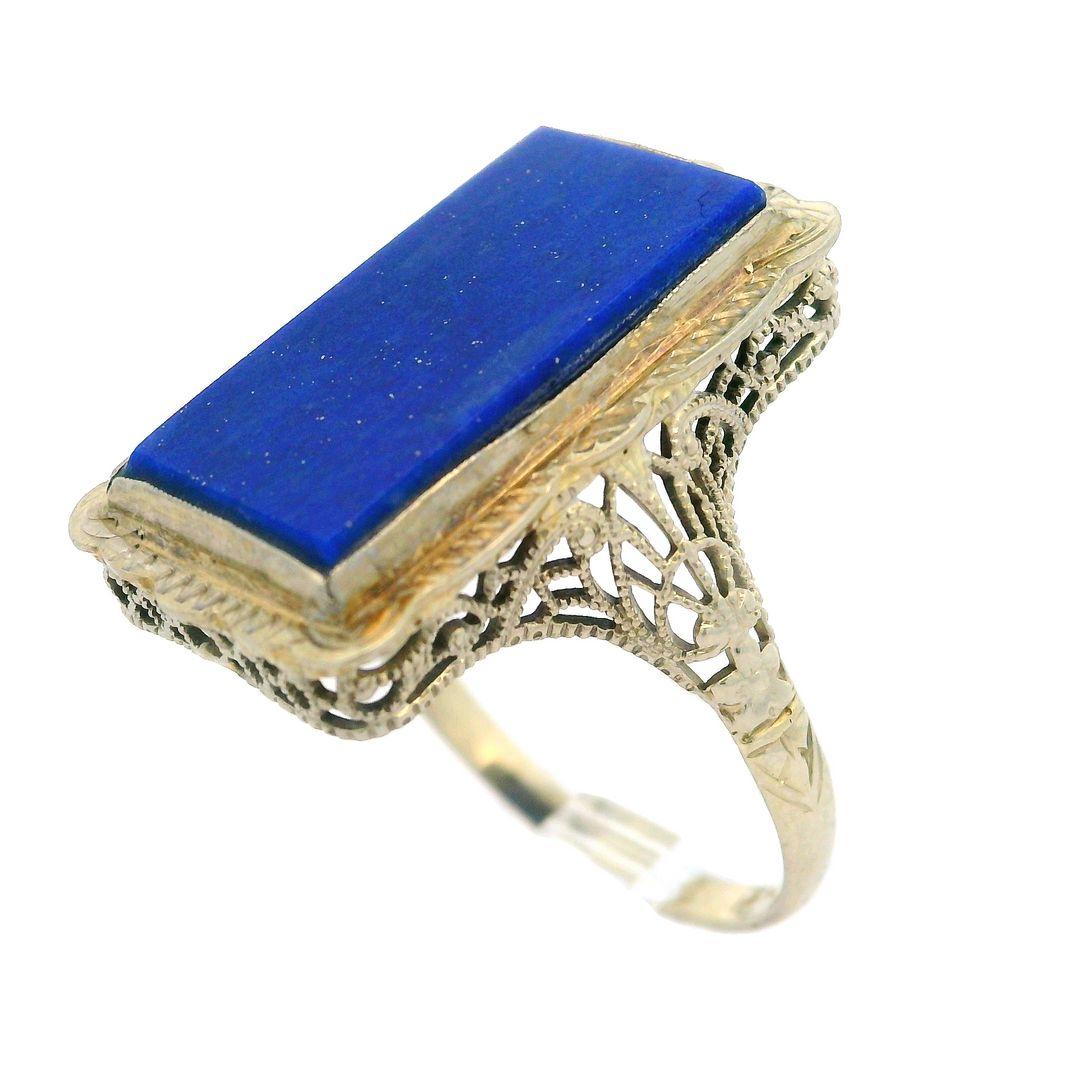 Antique 14k White Gold Large Rectangular Lapis Engraved & Filigree Cocktail Ring For Sale 8