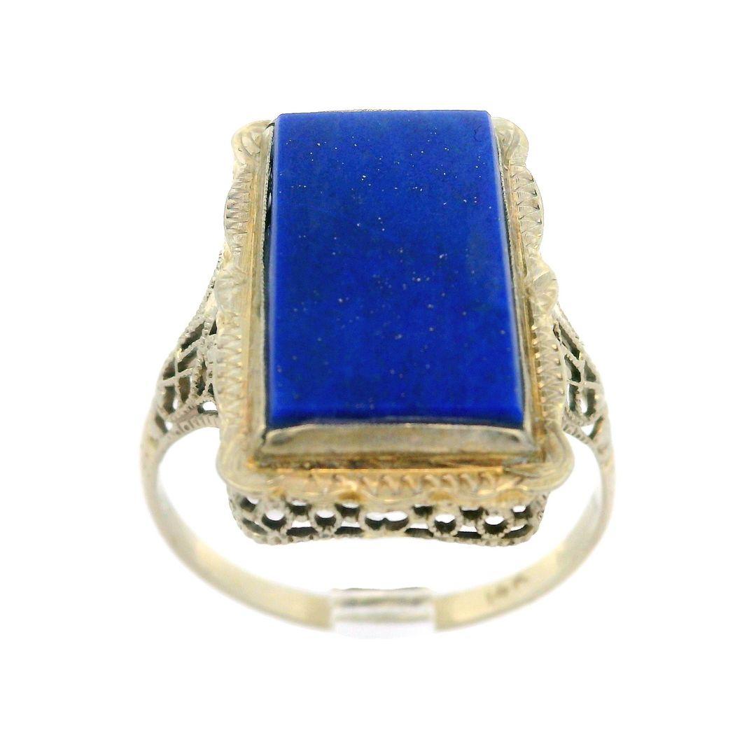 Antique 14k White Gold Large Rectangular Lapis Engraved & Filigree Cocktail Ring For Sale 9