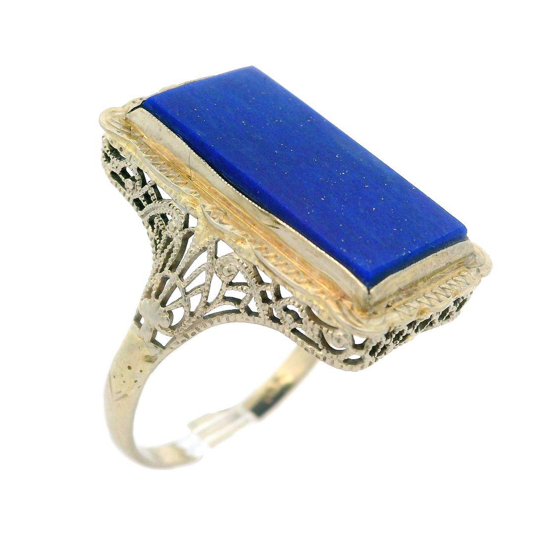 Antique 14k White Gold Large Rectangular Lapis Engraved & Filigree Cocktail Ring For Sale 10