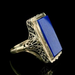 Antique 14k White Gold Large Rectangular Lapis Engraved & Filigree Cocktail Ring