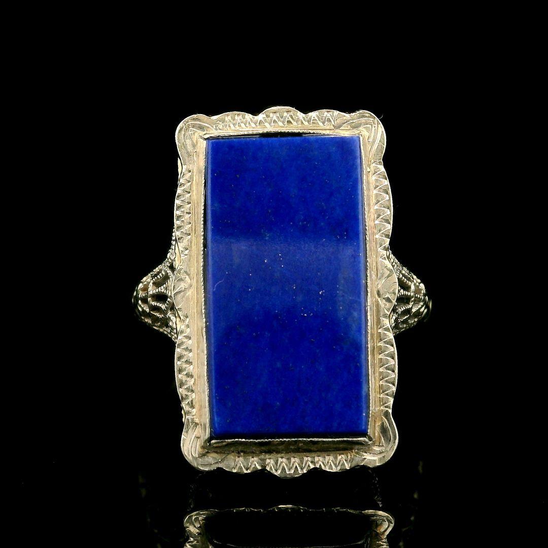 Antique 14k White Gold Large Rectangular Lapis Engraved & Filigree Cocktail Ring In Excellent Condition For Sale In Montclair, NJ