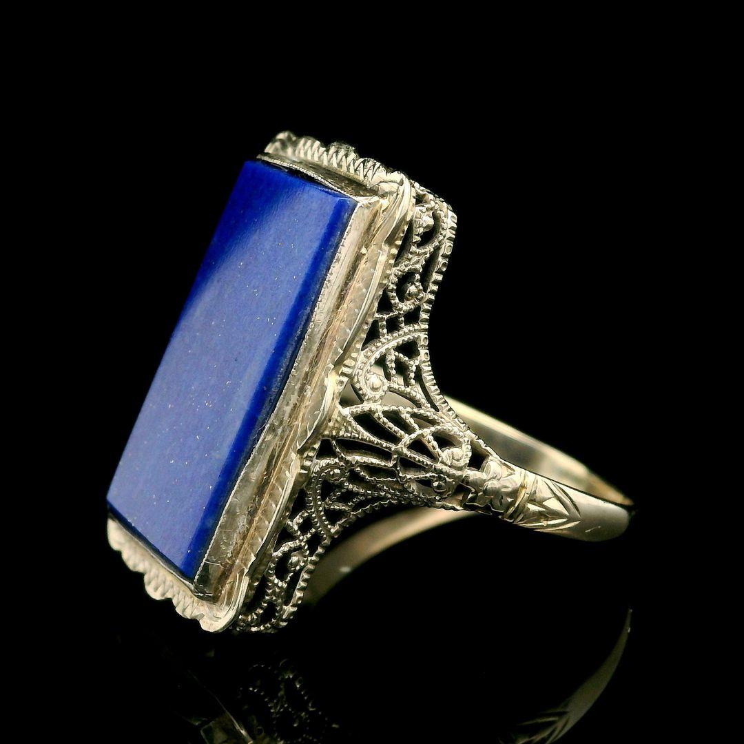 Women's Antique 14k White Gold Large Rectangular Lapis Engraved & Filigree Cocktail Ring For Sale