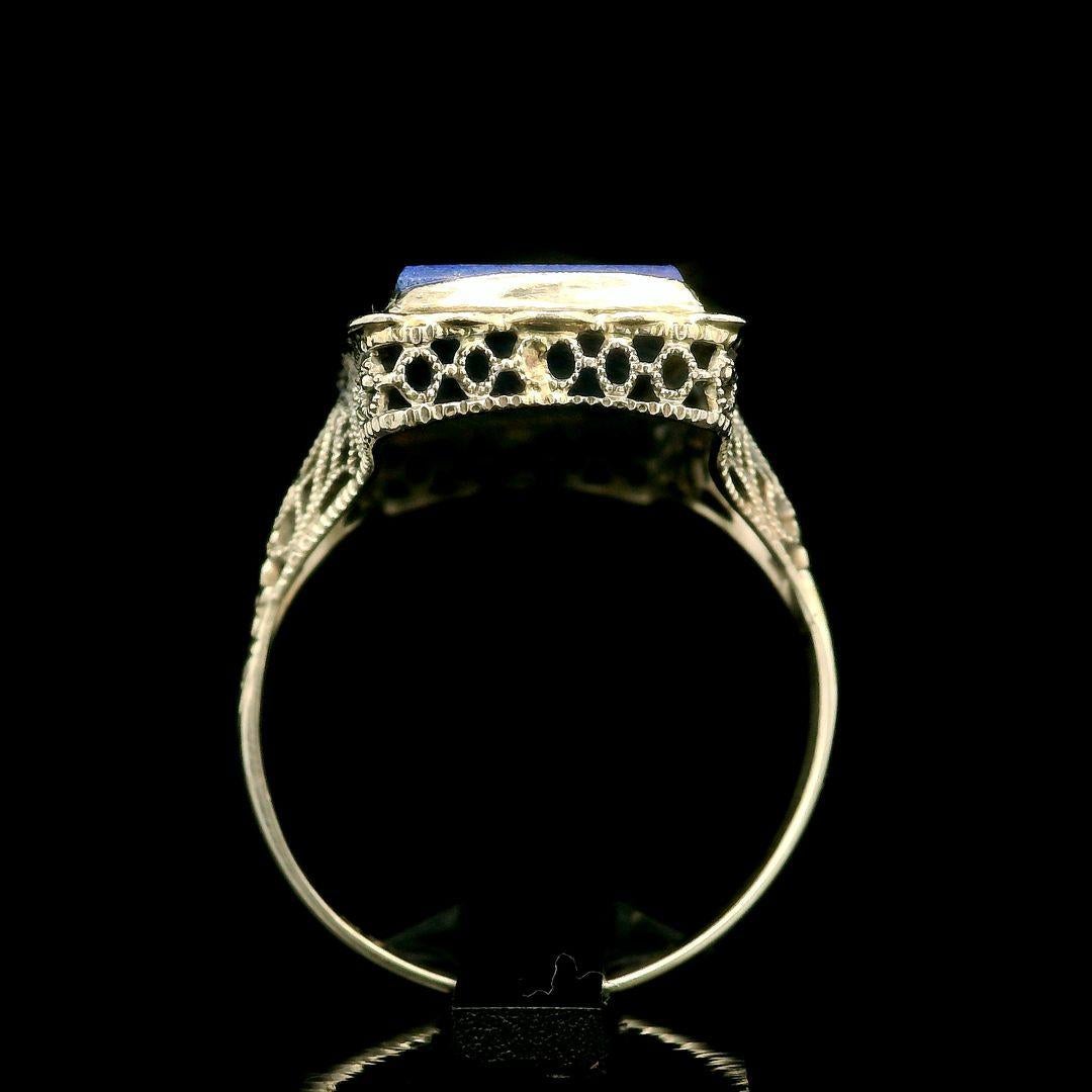 Antique 14k White Gold Large Rectangular Lapis Engraved & Filigree Cocktail Ring For Sale 1