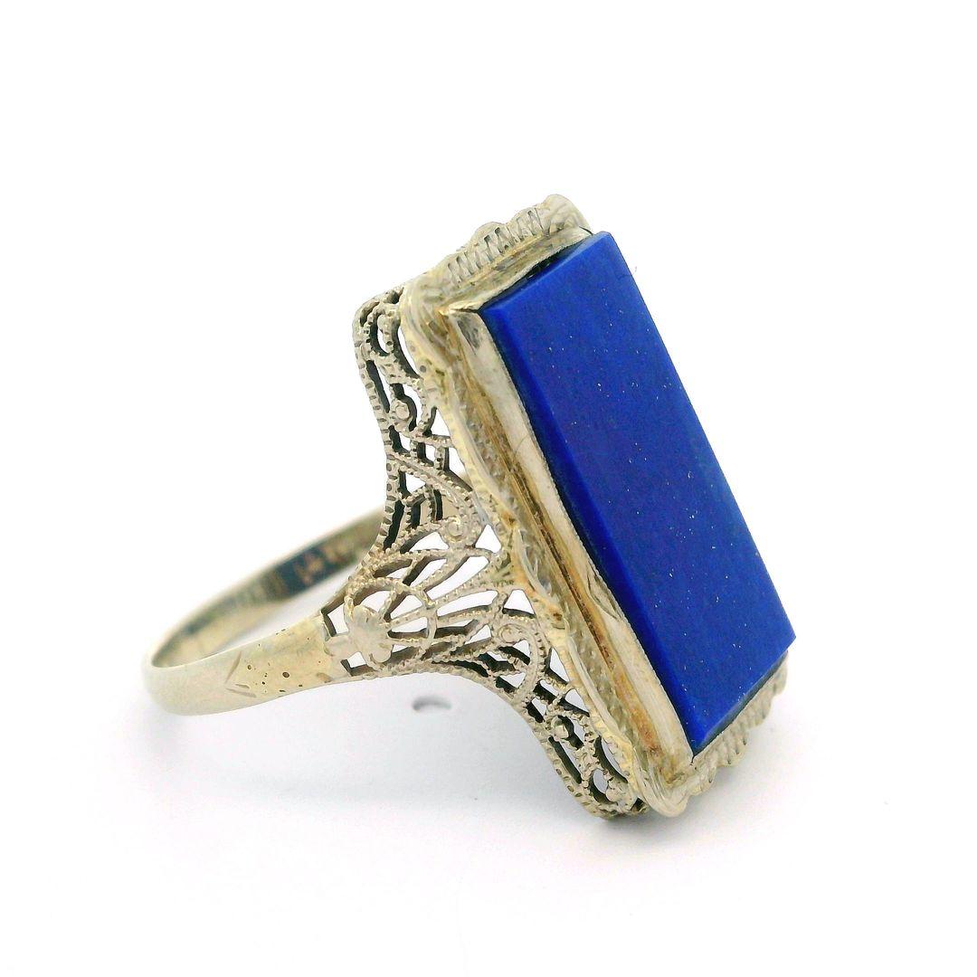 Antique 14k White Gold Large Rectangular Lapis Engraved & Filigree Cocktail Ring For Sale 5