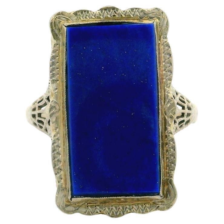 Antique 14k White Gold Large Rectangular Lapis Engraved & Filigree Cocktail Ring For Sale