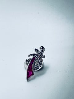 Antique 14K White Gold Masonic Shriner’s Sword Tie Pin with Rubies & Diamonds