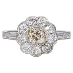 Antique 14k White Gold Old European Cut Chocolate & White Diamond Halo Ring