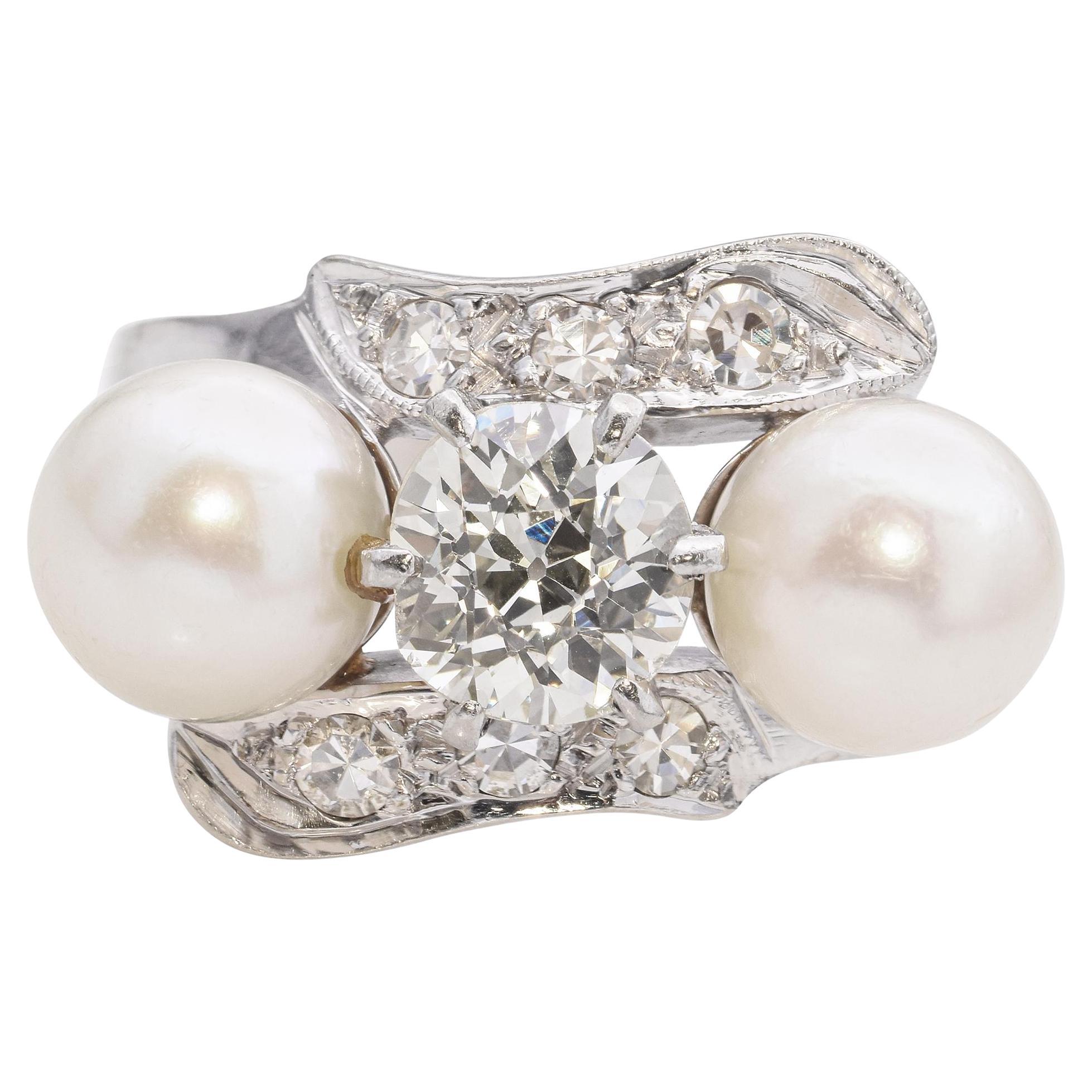 Antique 14K White Gold Pearl Diamond Ring