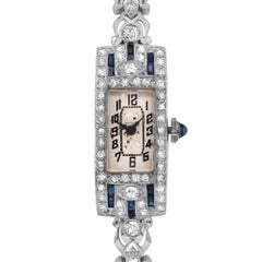 Antique 14K White Gold Platinum Blue Sapphire Diamond Ladies Hand Wind Watch