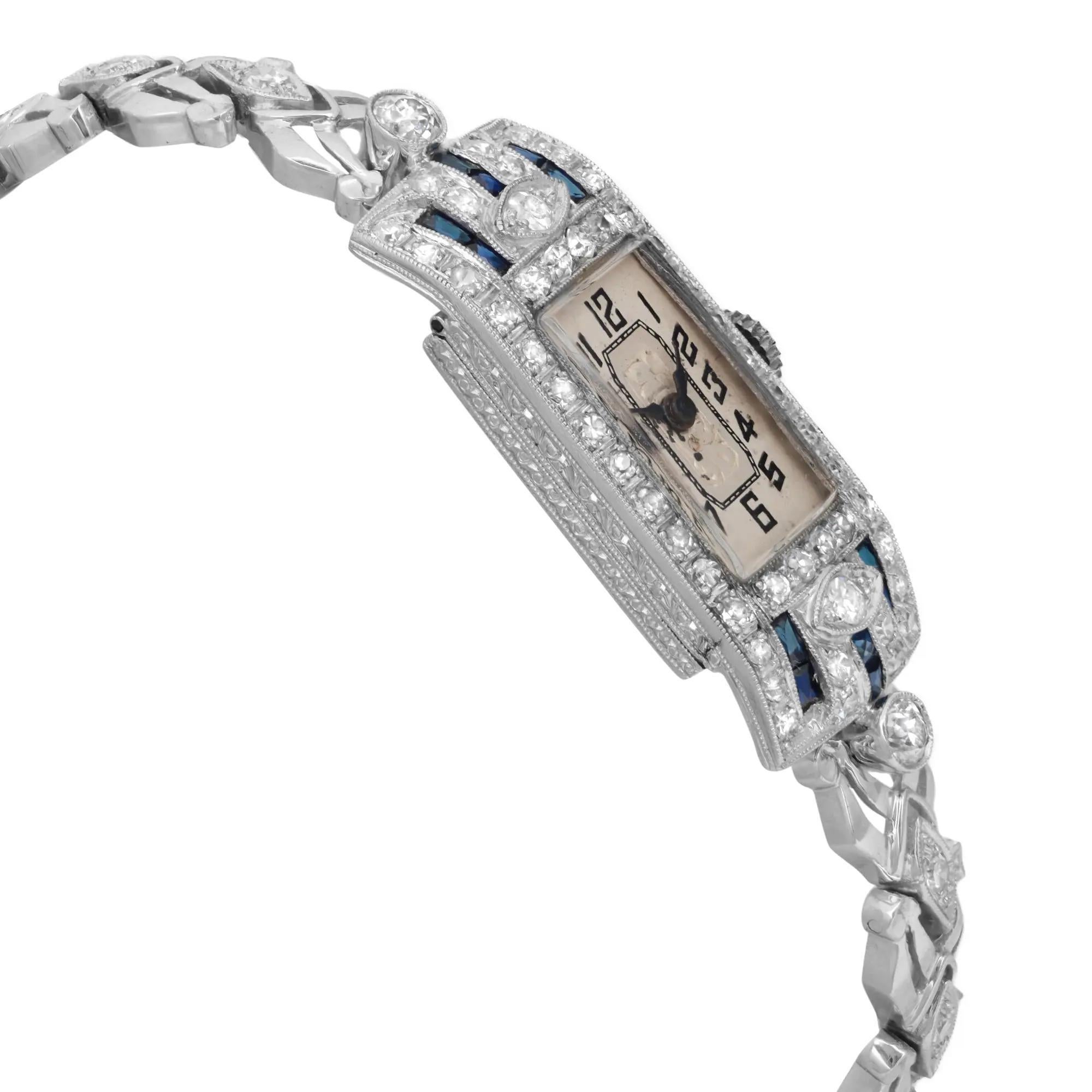 De las mujeres Antiguo Reloj de cuerda manual para señora de oro blanco de 14 quilates, platino, zafiro azul y diamantes en venta