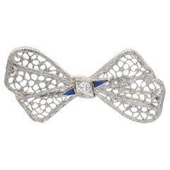Antique 14k White Gold & Platinum Diamond and Sapphire Filigree Bow Brooch