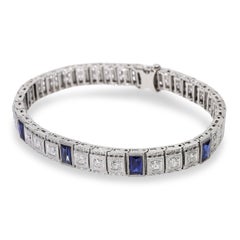 Bracelet antique en or blanc 14K Platine Saphir Diamant Filigree