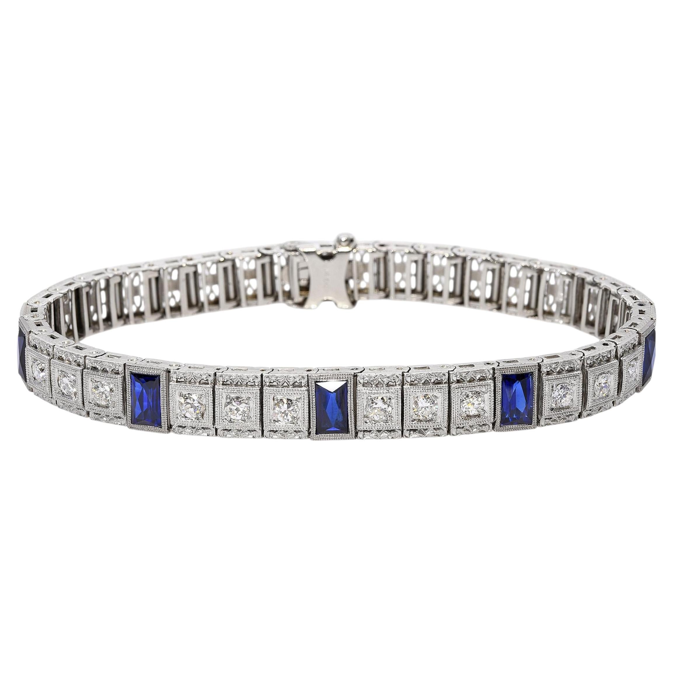 Antikes 14K Weißgold Platin Saphir Diamant Filigranarmband
