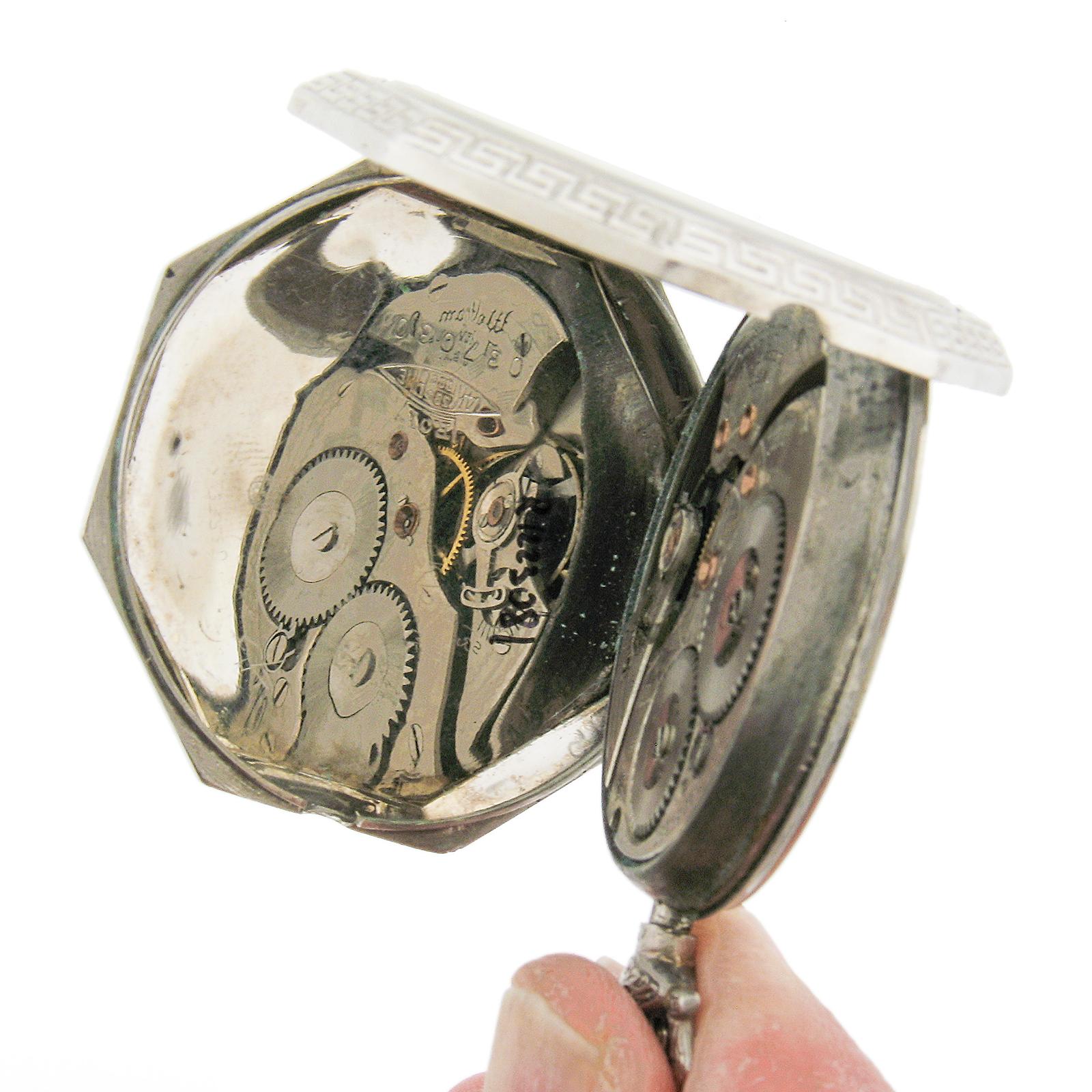 Antique 14k White Gold Waltham Grade 225 17j Pocket Watch in Octagon Open Face In Excellent Condition In Montclair, NJ