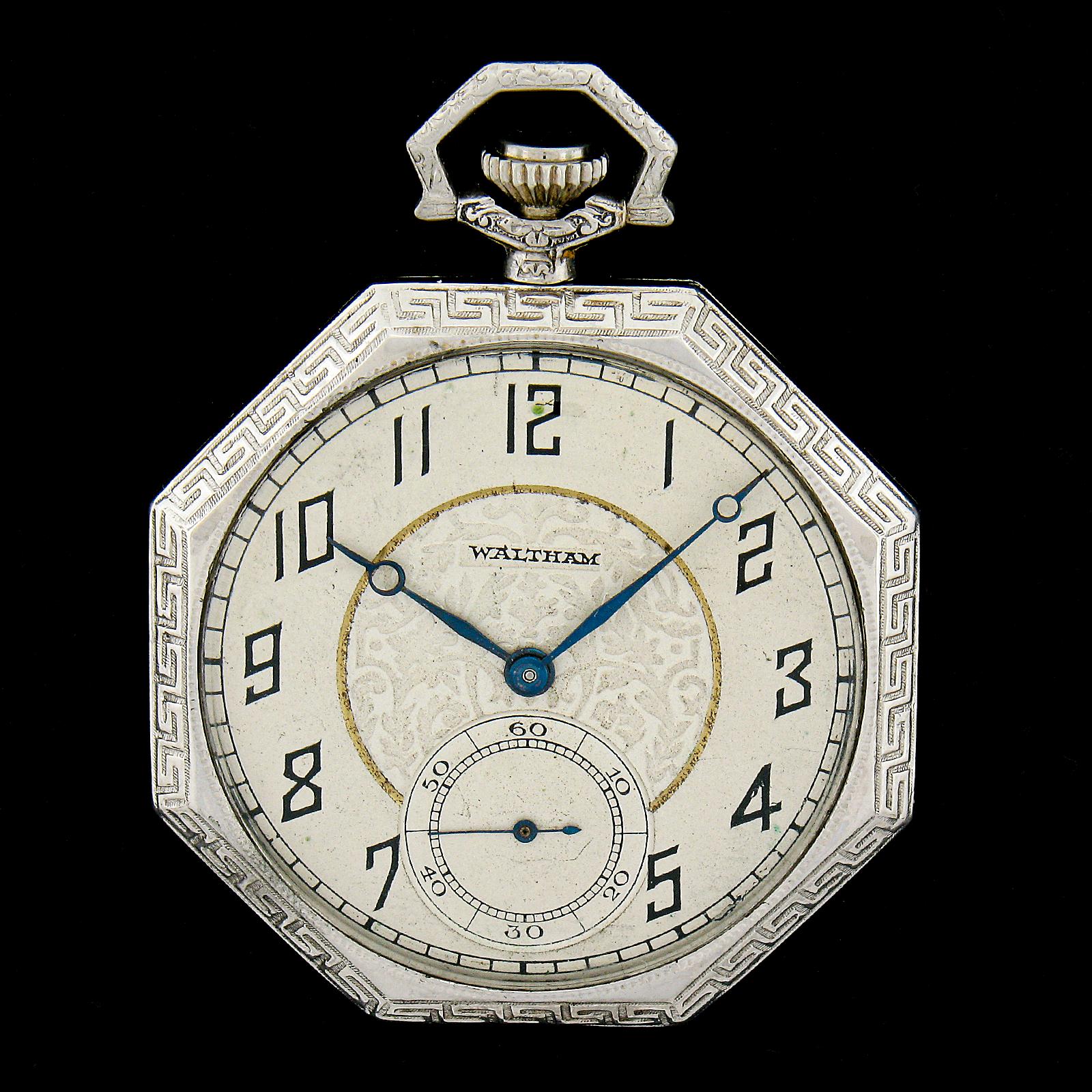 Antique 14k White Gold Waltham Grade 225 17j Pocket Watch in Octagon Open Face 1