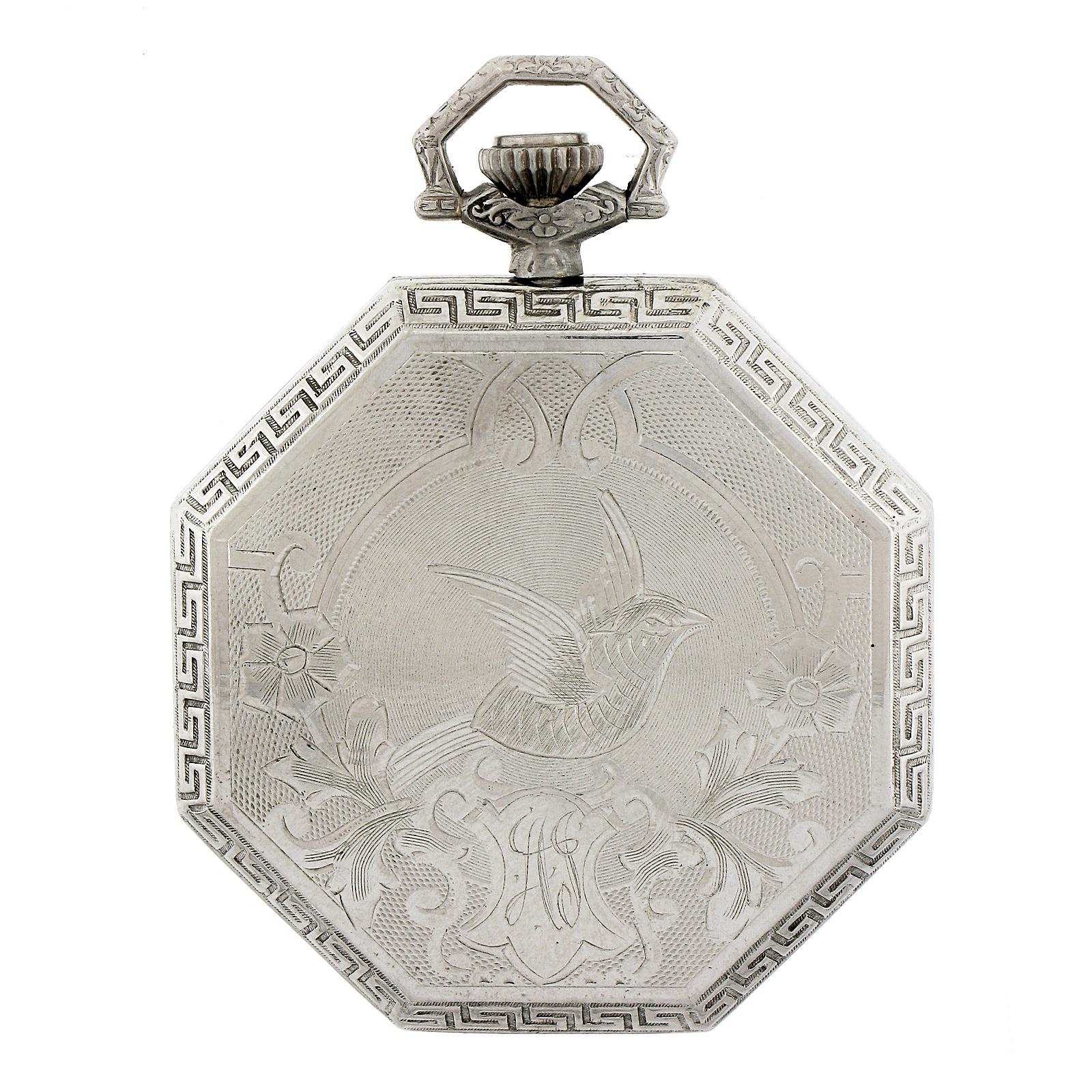 Antique 14k White Gold Waltham Grade 225 17j Pocket Watch in Octagon Open Face 2