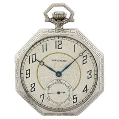 Antike 14k Weißgold Waltham Grade 225 17j Taschenuhr in Achteck mit offenem Zifferblatt