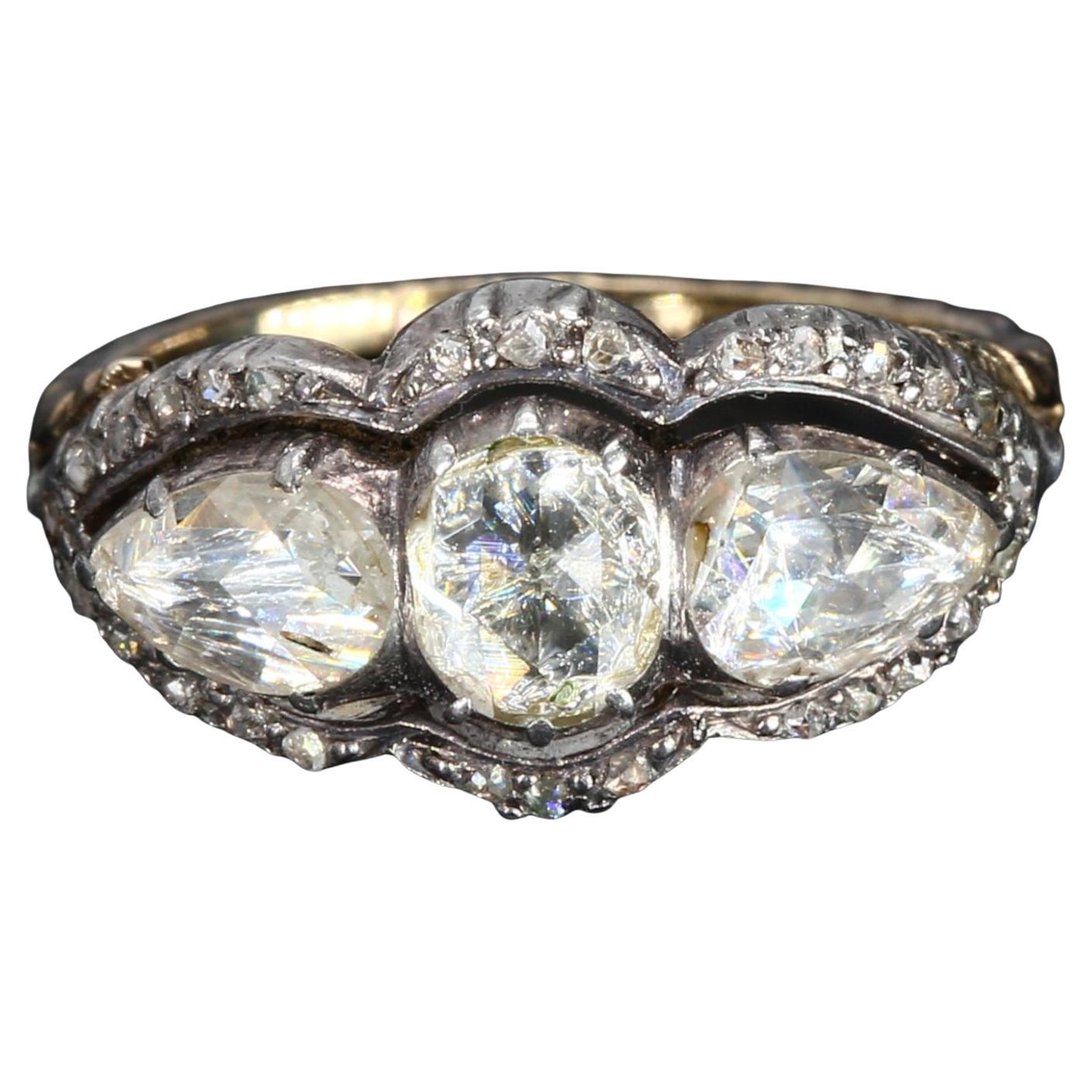 Antique 14k White
Yellow Gold Three Stone Diamond Ring - Size 5.75