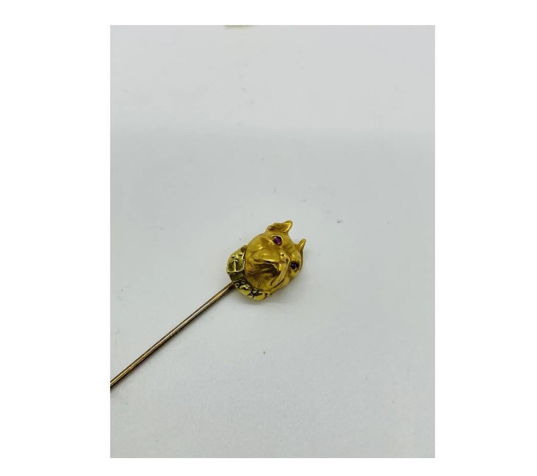 Antike antike 14K Gelb- und Grüngold signierte Bulldogge Stickpin Reversnadel im Zustand „Gut“ im Angebot in New York, NY