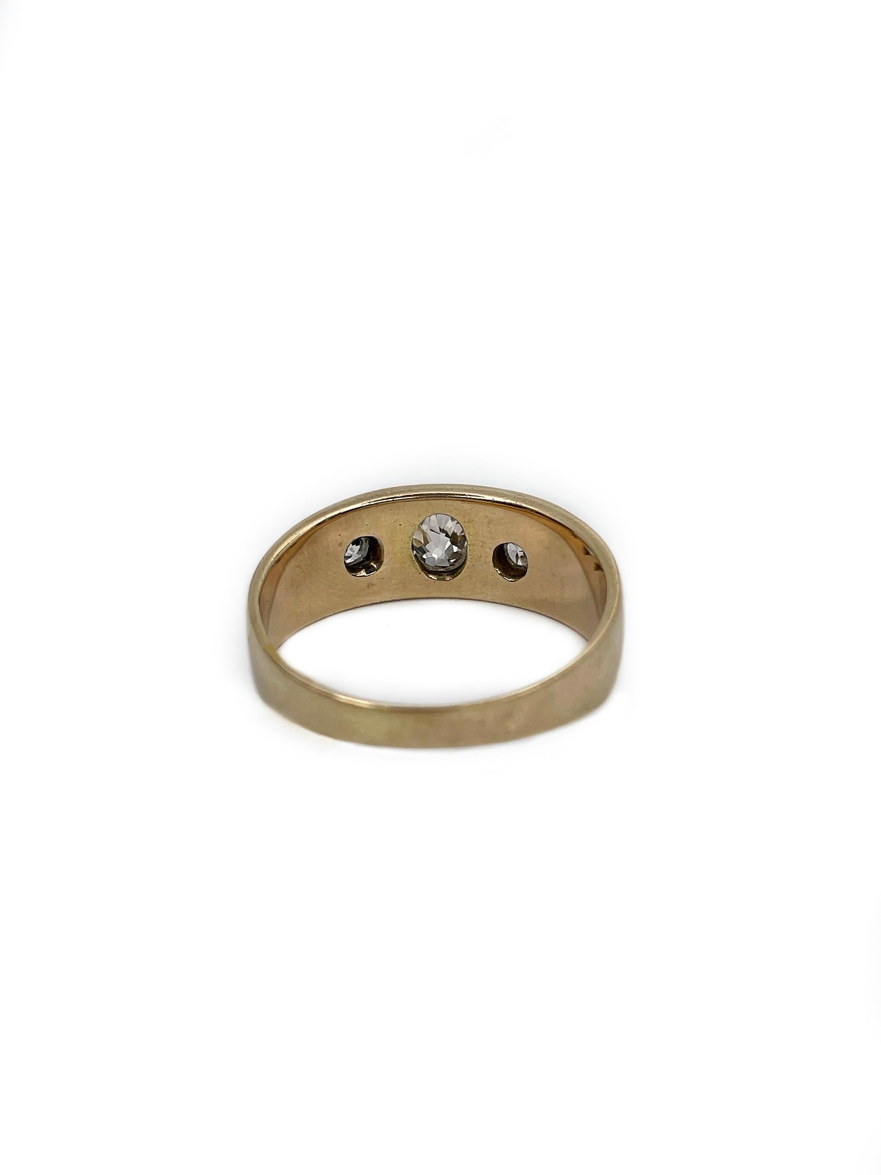 This is a typical Victorian three stone band ring crafted in 14K yellow gold. It features three round diamonds (W, SI-P1). The gypsy set gems weight 0.24ct in total. 

Three stone rings are rich with symbolism and personal significance. The three