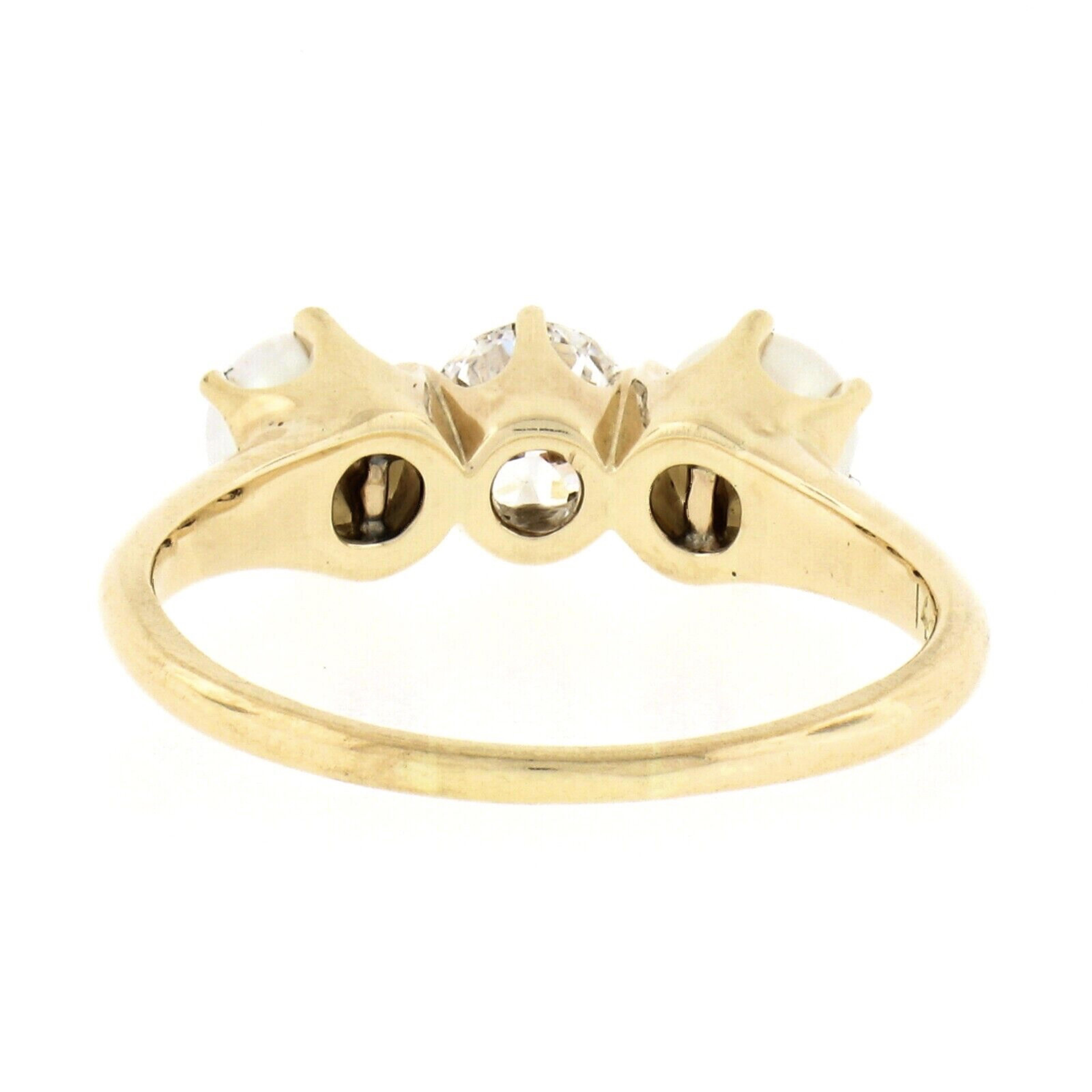 Bague ancienne en or jaune 14 carats avec diamant européen ancien 0,37 carat et perles accentuées Pour femmes en vente